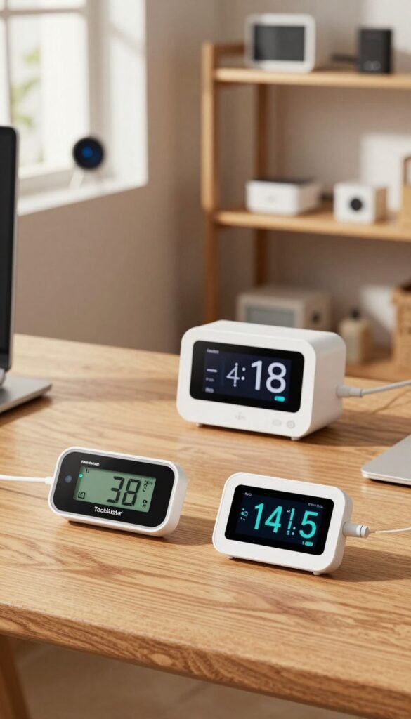 A modern workspace showcasing innovative sensors and measuring devices from TechKiste. In the foreground, a sleek digital thermometer and a compact air quality monitor, both with intuitive interfaces, are positioned against a textured wooden desk. In the middle, a multifaceted measuring device with a digital display glows softly, displaying readings of temperature and humidity. The background features shelves with neatly arranged gadgets and tech tools, bathed in warm natural light filtering through a window. The atmosphere is inviting and professional, evoking a sense of functionality and simplicity without the need for constant app interaction. The colors are warm and earthy, creating an authentic Pinterest-style aesthetic. A modern workspace showcasing innovative sensors and measuring devices from TechKiste. In the foreground, a sleek digital thermometer and a compact air quality monitor, both with intuitive interfaces, are positioned against a textured wooden desk. In the middle, a multifaceted measuring device with a digital display glows softly, displaying readings of temperature and humidity. The background features shelves with neatly arranged gadgets and tech tools, bathed in warm natural light filtering through a window. The atmosphere is inviting and professional, evoking a sense of functionality and simplicity without the need for constant app interaction. The colors are warm and earthy, creating an authentic Pinterest-style aesthetic.