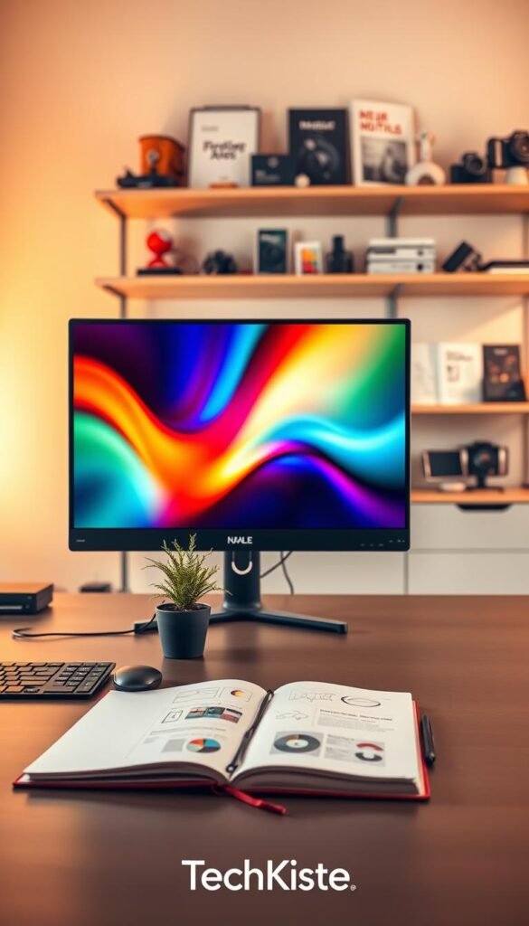A modern workspace showcasing the concept of "bildqualit&auml;t," featuring a high-resolution monitor displaying vibrant colors and sharp details. In the foreground, a sleek desk with a stylish computer setup, including a minimalist keyboard and ergonomic mouse. The monitor is surrounded by a warm-lit ambiance, casting a soft glow over the scene. In the middle ground, a potted plant adds a touch of nature, while a notebook with sketches on color palettes and contrast settings is open beside it. The background reveals a well-organized shelf filled with tech gadgets and reference materials on display, all complemented by a neutral wall. The image embodies a professional atmosphere, promoting a sense of creativity and technological sophistication, with an authentic Pinterest-like aesthetic. The brand "TechKiste" subtly integrated into the scene.