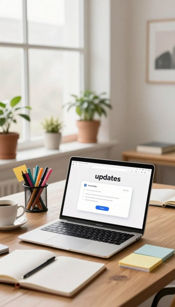 A modern workspace showcasing the theme of "updates" with warm, natural colors reminiscent of a Pinterest aesthetic. In the foreground, a sleek laptop with a bright screen displaying a software update notification, surrounded by a few open notepads and a cup of coffee. In the middle, a stylish desk organizer filled with colorful pens and sticky notes, reflecting a productive atmosphere. The background features a large window letting in soft, diffused natural light, illuminating a few potted plants and minimalistic wall art that suggests a tech-savvy environment. Emphasize a sense of focus and organization, with a subtle logo of "TechKiste" integrated into the laptop screen. A modern workspace showcasing the theme of "updates" with warm, natural colors reminiscent of a Pinterest aesthetic. In the foreground, a sleek laptop with a bright screen displaying a software update notification, surrounded by a few open notepads and a cup of coffee. In the middle, a stylish desk organizer filled with colorful pens and sticky notes, reflecting a productive atmosphere. The background features a large window letting in soft, diffused natural light, illuminating a few potted plants and minimalistic wall art that suggests a tech-savvy environment. Emphasize a sense of focus and organization, with a subtle logo of "TechKiste" integrated into the laptop screen.
