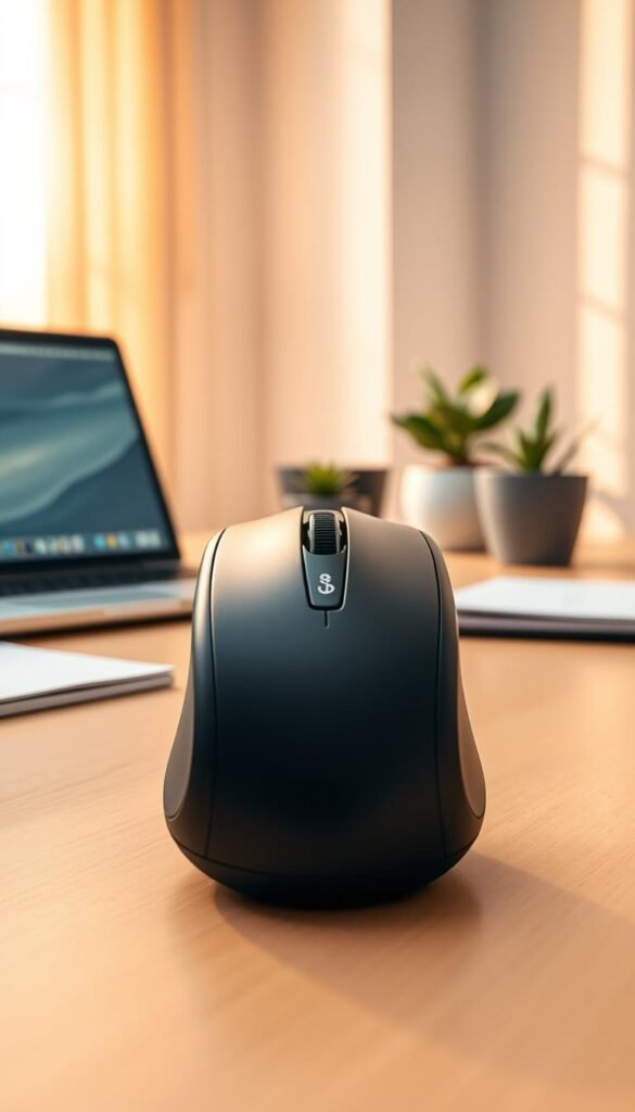A modern workstation setup featuring a centered ergonomic mouse from the brand "TechKiste" prominently displayed in the foreground, showcasing its sleek design and intuitive controls. The background includes a clean desk environment with a laptop, a notepad, and a small indoor plant, all bathed in warm, natural light that creates an inviting atmosphere. The angle is slightly elevated, capturing the mouse’s unique features while emphasizing its symmetry and functionality. The color palette is soft, with earthy tones, conveying a calm and productive mood. The overall composition highlights the ergonomic concept of a centered mouse, inviting viewers to envision comfort and efficiency in their daily work habits. A modern workstation setup featuring a centered ergonomic mouse from the brand "TechKiste" prominently displayed in the foreground, showcasing its sleek design and intuitive controls. The background includes a clean desk environment with a laptop, a notepad, and a small indoor plant, all bathed in warm, natural light that creates an inviting atmosphere. The angle is slightly elevated, capturing the mouse’s unique features while emphasizing its symmetry and functionality. The color palette is soft, with earthy tones, conveying a calm and productive mood. The overall composition highlights the ergonomic concept of a centered mouse, inviting viewers to envision comfort and efficiency in their daily work habits.