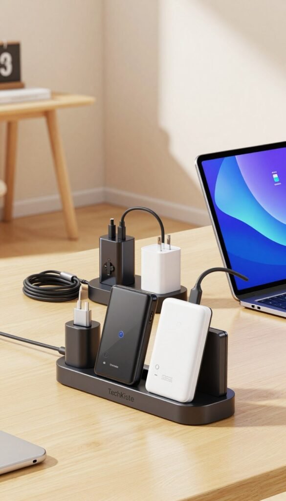 A modern workstation showcasing a variety of power management gadgets, highlighting sleek charging stations, cables, and compact power banks. In the foreground, a stylish TechKiste charging hub elegantly displays multiple devices, including handheld consoles and controllers with their batteries. The middle section features neatly organized cables and adaptive chargers, while a vibrant tablet illuminates details about battery life. The background is softly blurred, revealing a minimalist home office environment with warm, natural lighting. The scene conveys a sense of functionality and innovation, inviting viewers to explore the harmonious blend of technology and design. The overall atmosphere is bright and inviting, reflecting a well-organized setup that enhances productivity and efficiency. A modern workstation showcasing a variety of power management gadgets, highlighting sleek charging stations, cables, and compact power banks. In the foreground, a stylish TechKiste charging hub elegantly displays multiple devices, including handheld consoles and controllers with their batteries. The middle section features neatly organized cables and adaptive chargers, while a vibrant tablet illuminates details about battery life. The background is softly blurred, revealing a minimalist home office environment with warm, natural lighting. The scene conveys a sense of functionality and innovation, inviting viewers to explore the harmonious blend of technology and design. The overall atmosphere is bright and inviting, reflecting a well-organized setup that enhances productivity and efficiency.