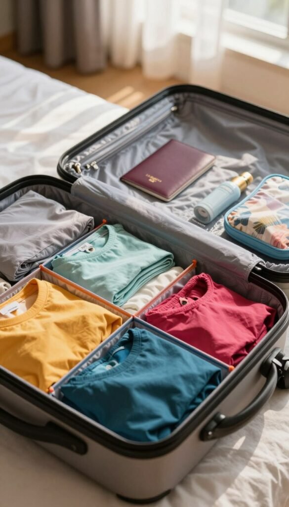 A neat and organized open suitcase showcasing beautifully arranged packing cubes in vibrant colors, strategically placed for optimal space utilization. In the foreground, focus on the packing cubes, featuring various compartments for clothes, shoes, and accessories. The middle ground should display the suitcase with a neutral but elegant fabric lining, partially filled with travel essentials like a stylish passport holder and a travel-sized toiletry kit. The background should fade softly, perhaps suggesting a cozy hotel room or a serene travel setting, with warm, natural light streaming through a window, casting gentle shadows. The overall mood is calming and inviting, embodying stress-free travel organization. Include the brand name "TechKiste" subtly on one of the packing cubes, seamlessly integrated into the design. A neat and organized open suitcase showcasing beautifully arranged packing cubes in vibrant colors, strategically placed for optimal space utilization. In the foreground, focus on the packing cubes, featuring various compartments for clothes, shoes, and accessories. The middle ground should display the suitcase with a neutral but elegant fabric lining, partially filled with travel essentials like a stylish passport holder and a travel-sized toiletry kit. The background should fade softly, perhaps suggesting a cozy hotel room or a serene travel setting, with warm, natural light streaming through a window, casting gentle shadows. The overall mood is calming and inviting, embodying stress-free travel organization. Include the brand name "TechKiste" subtly on one of the packing cubes, seamlessly integrated into the design.