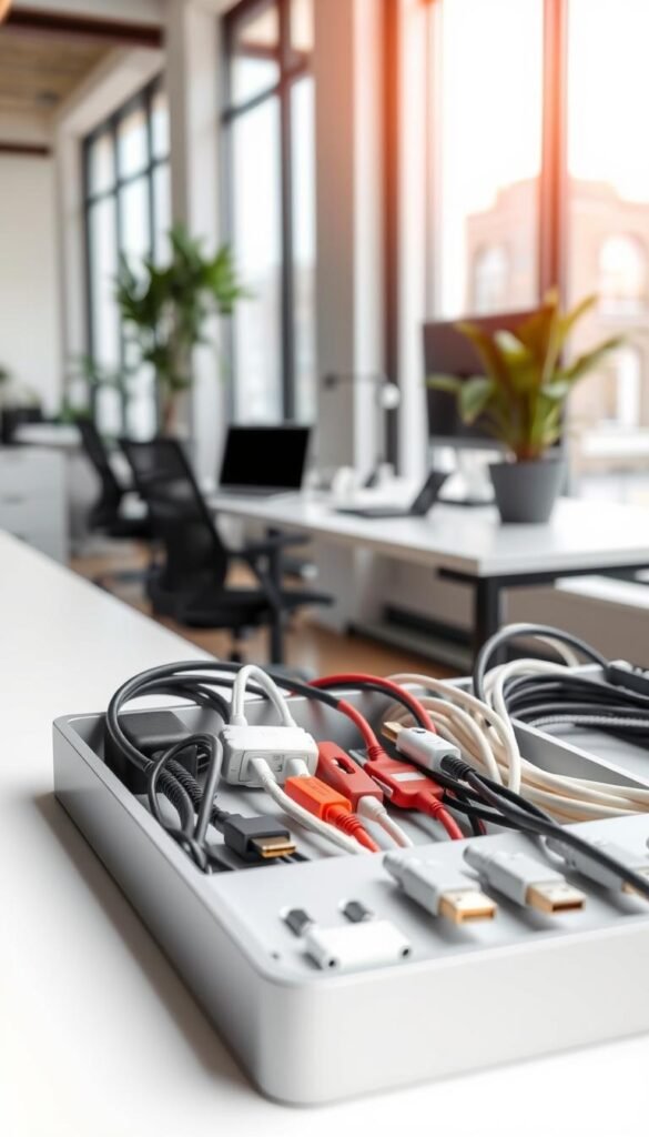 A neatly arranged kabelwanne (cable tray) in a modern office environment, showcasing a variety of cables organized in an aesthetically pleasing manner. In the foreground, the kabelwanne is filled with different types of cables: power cords, Ethernet cables, and HDMI wires, all color-coded for easy identification. The middle ground features a sleek desk with a laptop and accessories, complemented by a potted plant. In the background, large windows allow natural light to cascade in, creating a warm and inviting atmosphere. The overall mood is professional yet approachable, reflecting a harmonious workspace. Capture the essence of the brand "TechKiste" through clean lines and minimalistic design. The image should evoke a sense of organization and efficiency while maintaining an authentic Pinterest-inspired look. A neatly arranged kabelwanne (cable tray) in a modern office environment, showcasing a variety of cables organized in an aesthetically pleasing manner. In the foreground, the kabelwanne is filled with different types of cables: power cords, Ethernet cables, and HDMI wires, all color-coded for easy identification. The middle ground features a sleek desk with a laptop and accessories, complemented by a potted plant. In the background, large windows allow natural light to cascade in, creating a warm and inviting atmosphere. The overall mood is professional yet approachable, reflecting a harmonious workspace. Capture the essence of the brand "TechKiste" through clean lines and minimalistic design. The image should evoke a sense of organization and efficiency while maintaining an authentic Pinterest-inspired look.