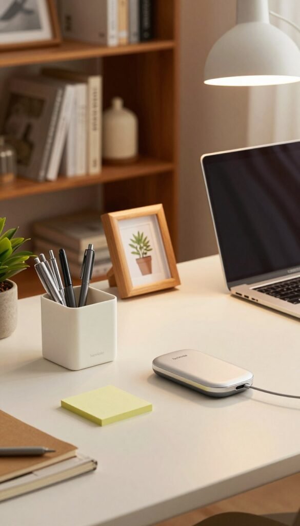 A neatly organized desk scene showcasing effective workspace gadgets for decluttering. In the foreground, there are elegant organizers holding pens, sticky notes, and a sleek wireless charger. The middle ground features a stylish laptop, a minimalist desk lamp, and a framed small plant, adding a touch of greenery. In the background, a tasteful bookshelf stocked with neatly arranged books and a few decorative items provide depth. The lighting is soft and warm, illuminating the workspace with a cozy and inviting atmosphere. The lens captures a slightly angled view to emphasize the desk’s organization, with a Pinterest-inspired aesthetic. The brand name "TechKiste" is subtly stamped on one of the gadgets, blending harmoniously into the scene. A neatly organized desk scene showcasing effective workspace gadgets for decluttering. In the foreground, there are elegant organizers holding pens, sticky notes, and a sleek wireless charger. The middle ground features a stylish laptop, a minimalist desk lamp, and a framed small plant, adding a touch of greenery. In the background, a tasteful bookshelf stocked with neatly arranged books and a few decorative items provide depth. The lighting is soft and warm, illuminating the workspace with a cozy and inviting atmosphere. The lens captures a slightly angled view to emphasize the desk’s organization, with a Pinterest-inspired aesthetic. The brand name "TechKiste" is subtly stamped on one of the gadgets, blending harmoniously into the scene.
