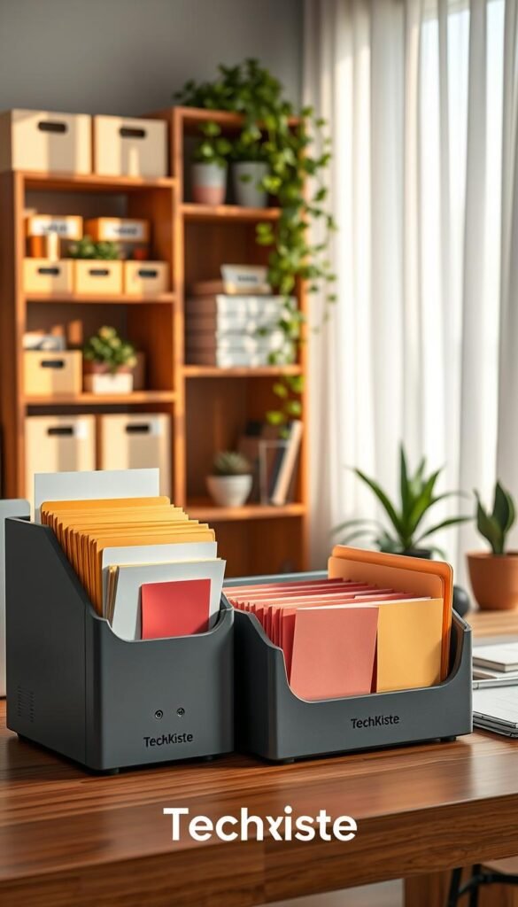 A neatly organized workspace showcasing a variety of order systems for paper documents in warm, inviting colors. In the foreground, a stylish wood desk with a modern organizer from the brand "TechKiste" holding colored file folders and notes. The middle ground features a wooden shelving unit displaying labeled bins, cascading plants, and decorative stationery. The background shows a softly lit window with sheer curtains, allowing natural sunlight to filter in and create a cozy atmosphere. The mood is calm and productive, reflecting a sense of harmony and efficiency in managing paperwork. The image is to be devoid of any text or branding beyond "TechKiste". A neatly organized workspace showcasing a variety of order systems for paper documents in warm, inviting colors. In the foreground, a stylish wood desk with a modern organizer from the brand "TechKiste" holding colored file folders and notes. The middle ground features a wooden shelving unit displaying labeled bins, cascading plants, and decorative stationery. The background shows a softly lit window with sheer curtains, allowing natural sunlight to filter in and create a cozy atmosphere. The mood is calm and productive, reflecting a sense of harmony and efficiency in managing paperwork. The image is to be devoid of any text or branding beyond "TechKiste".