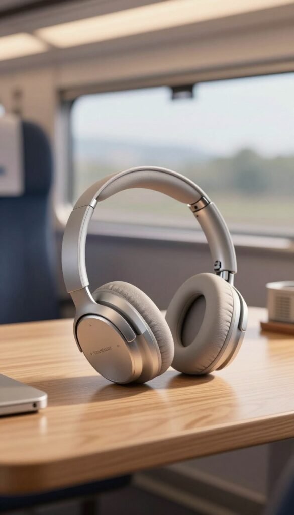 A pair of premium over-ear noise-canceling headphones by TechKiste resting on a wooden table, with a soft, warm light illuminating them from an overhead source. The headphones should feature sleek, modern design elements and plush ear cushions, highlighting their comfort and sophistication. In the background, a blurred image of a train seat and airplane interior evokes the sense of travel, creating a calming atmosphere. The setting should feel serene and inviting, with natural colors and gentle shadows, reminiscent of a cozy travel experience. The overall composition should convey a sense of relaxation and quietness, free from any distractions. A pair of premium over-ear noise-canceling headphones by TechKiste resting on a wooden table, with a soft, warm light illuminating them from an overhead source. The headphones should feature sleek, modern design elements and plush ear cushions, highlighting their comfort and sophistication. In the background, a blurred image of a train seat and airplane interior evokes the sense of travel, creating a calming atmosphere. The setting should feel serene and inviting, with natural colors and gentle shadows, reminiscent of a cozy travel experience. The overall composition should convey a sense of relaxation and quietness, free from any distractions.