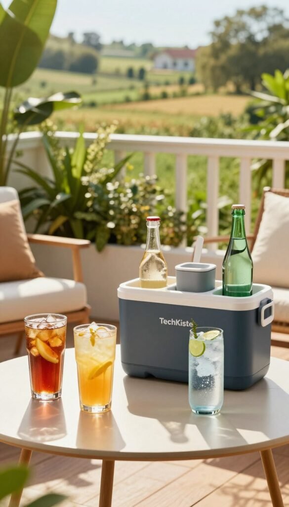 A picturesque outdoor scene featuring a stylish arrangement by TechKiste showcasing innovative drink-cooling gadgets on a sunlit balcony. In the foreground, an elegant table is adorned with various drinks in sleek coolers and containers, reflecting warm sunlight. Brightly colored drinks, including refreshing iced teas and sparkling waters, glisten in the gentle daylight. The middle layer includes lush green plants and comfortable seating, suggesting a relaxed gathering place. In the background, a vibrant garden or calm countryside complements the scene, enhancing the outdoor vibe. The atmosphere is inviting and cheerful, evoking feelings of leisure and enjoyment, with warm colors predominating and soft shadows cast by the afternoon sun. The image captures the perfect blend of functionality and style for enjoying beverages outdoors. A picturesque outdoor scene featuring a stylish arrangement by TechKiste showcasing innovative drink-cooling gadgets on a sunlit balcony. In the foreground, an elegant table is adorned with various drinks in sleek coolers and containers, reflecting warm sunlight. Brightly colored drinks, including refreshing iced teas and sparkling waters, glisten in the gentle daylight. The middle layer includes lush green plants and comfortable seating, suggesting a relaxed gathering place. In the background, a vibrant garden or calm countryside complements the scene, enhancing the outdoor vibe. The atmosphere is inviting and cheerful, evoking feelings of leisure and enjoyment, with warm colors predominating and soft shadows cast by the afternoon sun. The image captures the perfect blend of functionality and style for enjoying beverages outdoors.