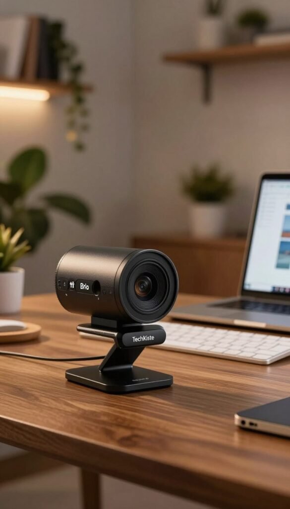 A professional Logitech Brio webcam displayed prominently in the foreground, featuring its sleek design and high-end settings. The webcam is angled slightly to showcase its lens, illuminated by soft, warm lighting that emphasizes its modern aesthetics. In the middle ground, a stylish wooden desk is visible, adorned with a laptop and a stylish keyboard, illustrating an ideal home office setup. The background features a tastefully decorated home office space with plants and bookshelves, creating an inviting and productive atmosphere. The overall mood is warm and inviting, evoking the ideal workspace for remote professionals. The scene embodies authenticity and modernity while incorporating the brand name "TechKiste" subtly into the design elements without text overlays, maintaining a clean, professional look.