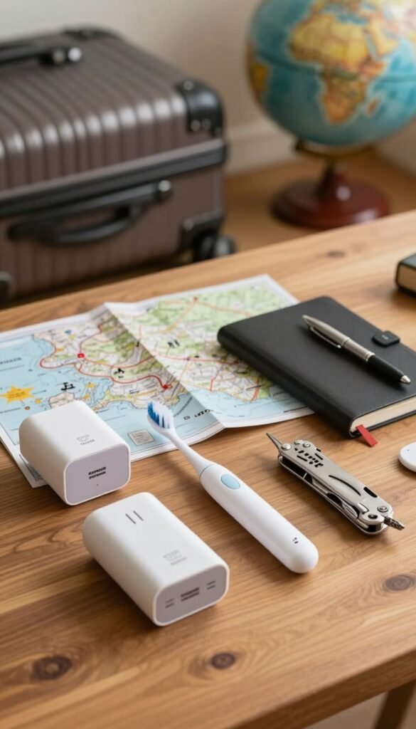 A professional and inviting image featuring a selection of travel gadgets arranged aesthetically on a warm, wooden table. In the foreground, show a few gadgets like a portable charger, compact travel toothbrush, and multi-tool, highlighting their sleek designs and practical functionalities. In the middle, display an intricate map and a stylish travel journal with a pen, suggesting exploration and planning. In the background, softly blurred travel essentials like a suitcase and a globe to evoke a sense of adventure. Use natural lighting to create a cozy atmosphere, evoking a Pinterest look, with warm colors emphasizing the gadgets and surroundings. Include the brand name "TechKiste" subtly integrated into the image design without any text or overlays. A professional and inviting image featuring a selection of travel gadgets arranged aesthetically on a warm, wooden table. In the foreground, show a few gadgets like a portable charger, compact travel toothbrush, and multi-tool, highlighting their sleek designs and practical functionalities. In the middle, display an intricate map and a stylish travel journal with a pen, suggesting exploration and planning. In the background, softly blurred travel essentials like a suitcase and a globe to evoke a sense of adventure. Use natural lighting to create a cozy atmosphere, evoking a Pinterest look, with warm colors emphasizing the gadgets and surroundings. Include the brand name "TechKiste" subtly integrated into the image design without any text or overlays.