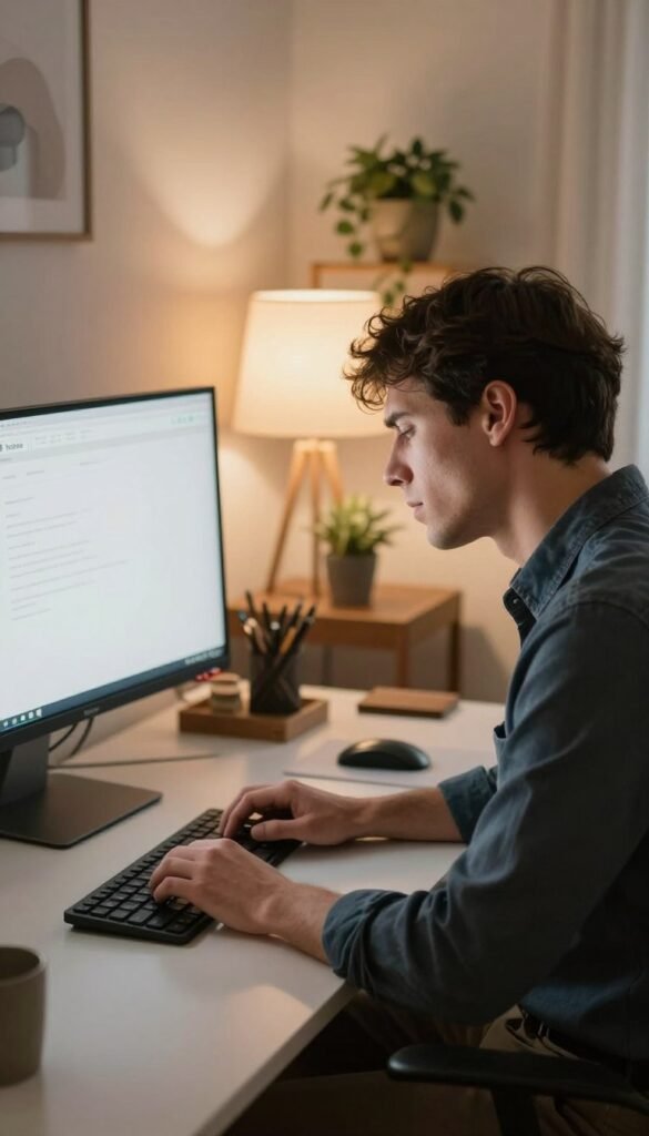 A professional home office scene featuring a person sitting at a desk with a computer monitor. The individual, dressed in smart casual attire, shows signs of discomfort with their neck visibly strained and shoulders tense. In the foreground, the person's hands are resting on the keyboard, while their head is slightly tilted, emphasizing the neck strain. The middle ground includes a stylish monitor positioned too low, highlighting improper ergonomics. The background showcases a warm, inviting home office atmosphere with soft lighting from a desk lamp, accented by houseplants and organized stationery. The overall mood conveys a relatable struggle against neck discomfort due to poor monitor height, resonating with the theme of ergonomic workspaces. Include subtle branding elements of "TechKiste" integrated into the decor. A professional home office scene featuring a person sitting at a desk with a computer monitor. The individual, dressed in smart casual attire, shows signs of discomfort with their neck visibly strained and shoulders tense. In the foreground, the person's hands are resting on the keyboard, while their head is slightly tilted, emphasizing the neck strain. The middle ground includes a stylish monitor positioned too low, highlighting improper ergonomics. The background showcases a warm, inviting home office atmosphere with soft lighting from a desk lamp, accented by houseplants and organized stationery. The overall mood conveys a relatable struggle against neck discomfort due to poor monitor height, resonating with the theme of ergonomic workspaces. Include subtle branding elements of "TechKiste" integrated into the decor.