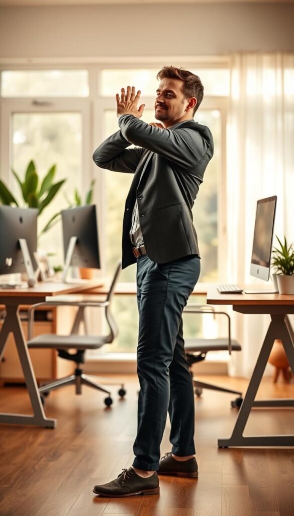 A professional home office setting featuring an individual standing and stretching during a work break, surrounded by warm natural lighting that creates an inviting atmosphere. In the foreground, the person, dressed in smart casual attire, performs stretches with a look of relief and rejuvenation. The middle ground includes a modern desk with ergonomic furnishings, a computer with a relaxed aesthetic, and a few plants for a touch of greenery. The background boasts a soft-focus view of a cozy home environment, perhaps with large windows allowing daylight to fill the room. The entire composition embodies a sense of wellness and balance, promoting the idea of movement and pauses in a workday. The scene reflects the essence of “TechKiste,” emphasizing the importance of ergonomic practices in a modern workspace. A professional home office setting featuring an individual standing and stretching during a work break, surrounded by warm natural lighting that creates an inviting atmosphere. In the foreground, the person, dressed in smart casual attire, performs stretches with a look of relief and rejuvenation. The middle ground includes a modern desk with ergonomic furnishings, a computer with a relaxed aesthetic, and a few plants for a touch of greenery. The background boasts a soft-focus view of a cozy home environment, perhaps with large windows allowing daylight to fill the room. The entire composition embodies a sense of wellness and balance, promoting the idea of movement and pauses in a workday. The scene reflects the essence of “TechKiste,” emphasizing the importance of ergonomic practices in a modern workspace.