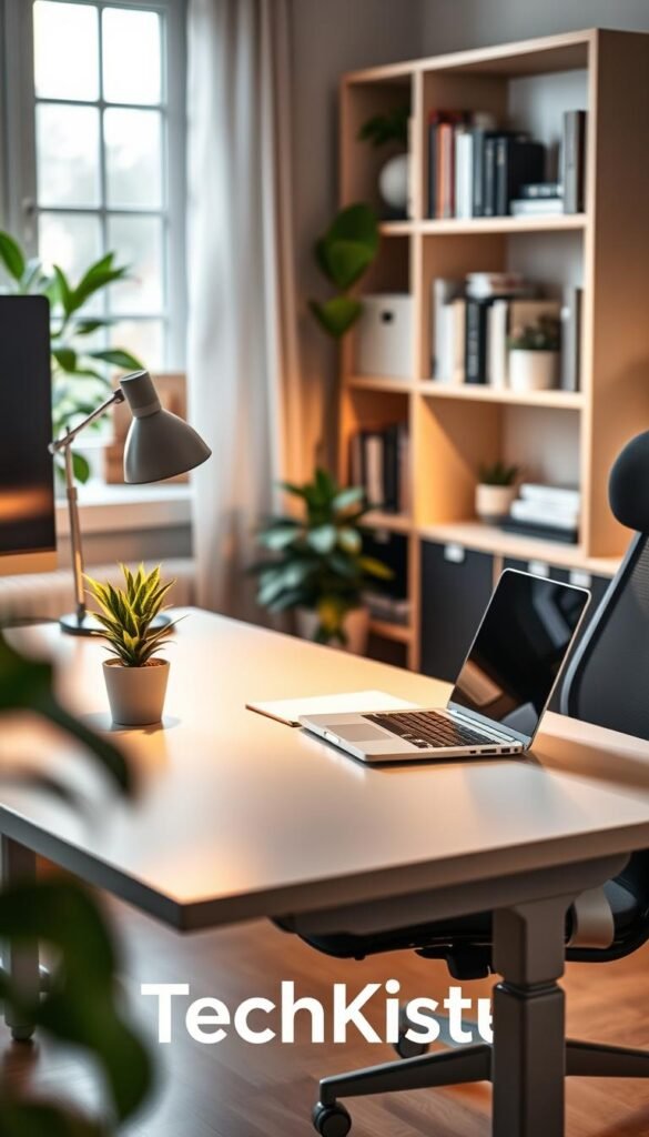 A professional home office workspace featuring an ergonomic setup according to DGUV standards. In the foreground, a modern desk with a comfortable, adjustable chair and a sleek laptop is positioned in an inviting way. The middle area showcases a well-organized space with a potted plant, a carefully arranged notepad, and a stylish desk lamp emitting warm light. In the background, enhance the ambiance with a soft-focus bookshelf filled with books and decorative items, along with a window letting in natural light, giving a sense of openness. The overall mood is cozy, inspiring, and productive, reflecting a minimal yet functional design aesthetic. The brand "TechKiste" is subtly integrated into the scene, emphasizing modernity and innovation. A professional home office workspace featuring an ergonomic setup according to DGUV standards. In the foreground, a modern desk with a comfortable, adjustable chair and a sleek laptop is positioned in an inviting way. The middle area showcases a well-organized space with a potted plant, a carefully arranged notepad, and a stylish desk lamp emitting warm light. In the background, enhance the ambiance with a soft-focus bookshelf filled with books and decorative items, along with a window letting in natural light, giving a sense of openness. The overall mood is cozy, inspiring, and productive, reflecting a minimal yet functional design aesthetic. The brand "TechKiste" is subtly integrated into the scene, emphasizing modernity and innovation.