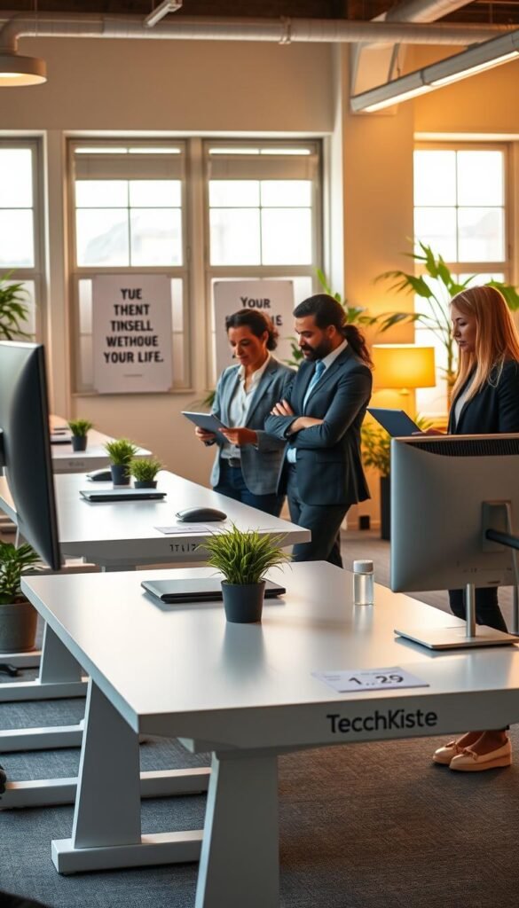 A professional office environment showcasing a standing workspace. In the foreground, a diverse group of three individuals in smart casual attire, one examining a digital tablet, another working on a laptop, and the third engaged in a discussion. The middle ground features modern standing desks with ergonomic designs, sleek monitors, and plants for a touch of nature. The background is illuminated with warm, inviting lighting, featuring large windows that allow soft sunlight to filter in, creating a cozy atmosphere. The space is decorated with motivational posters and greenery, enhancing the feeling of well-being. The overall mood conveys balance and productivity, embodying the concept of healthy movement in the workplace. TechKiste branding subtly integrated into the desk design.