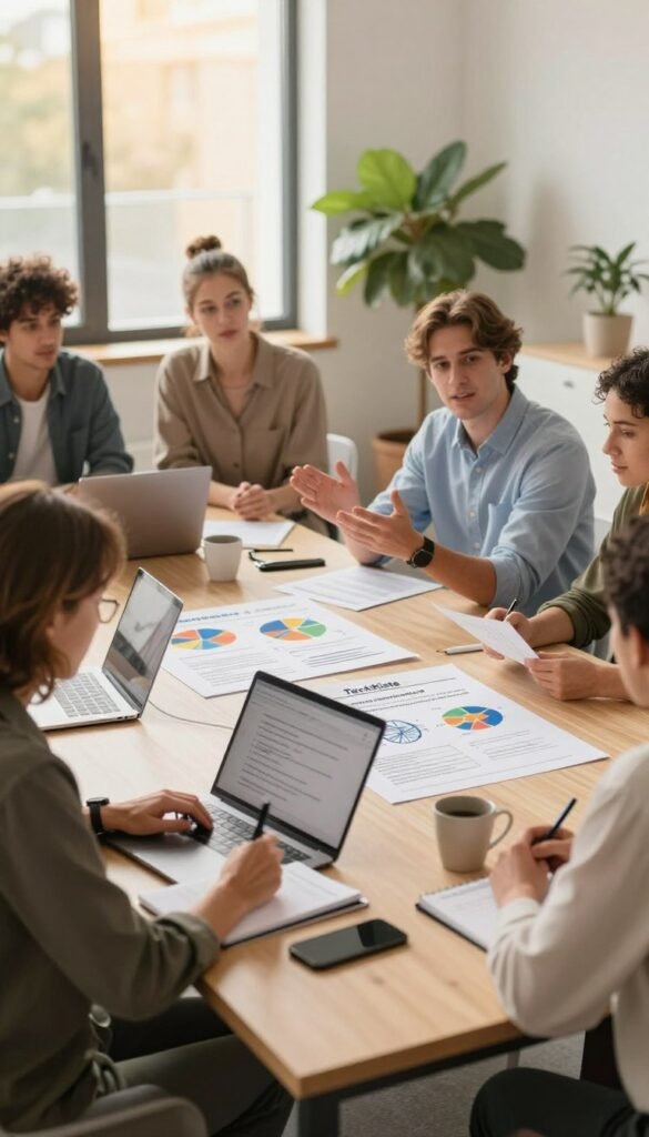 A professional office setting showcasing a diverse group of employees gathered around a large conference table, discussing rules and responsibilities within a company regarding home office safety. In the foreground, a middle-aged woman in a smart blazer takes notes on her laptop, while a young man in a business casual shirt gestures as he explains a point. The middle layer features charts and documents that highlight security guidelines. In the background, large windows let in warm, natural light, with indoor plants adding a touch of greenery. The atmosphere is focused and collaborative, embodying a Pinterest-inspired aesthetic with soft, inviting colors. Subtly incorporated is the brand name "TechKiste" on a visible document without any text overlays. A professional office setting showcasing a diverse group of employees gathered around a large conference table, discussing rules and responsibilities within a company regarding home office safety. In the foreground, a middle-aged woman in a smart blazer takes notes on her laptop, while a young man in a business casual shirt gestures as he explains a point. The middle layer features charts and documents that highlight security guidelines. In the background, large windows let in warm, natural light, with indoor plants adding a touch of greenery. The atmosphere is focused and collaborative, embodying a Pinterest-inspired aesthetic with soft, inviting colors. Subtly incorporated is the brand name "TechKiste" on a visible document without any text overlays.