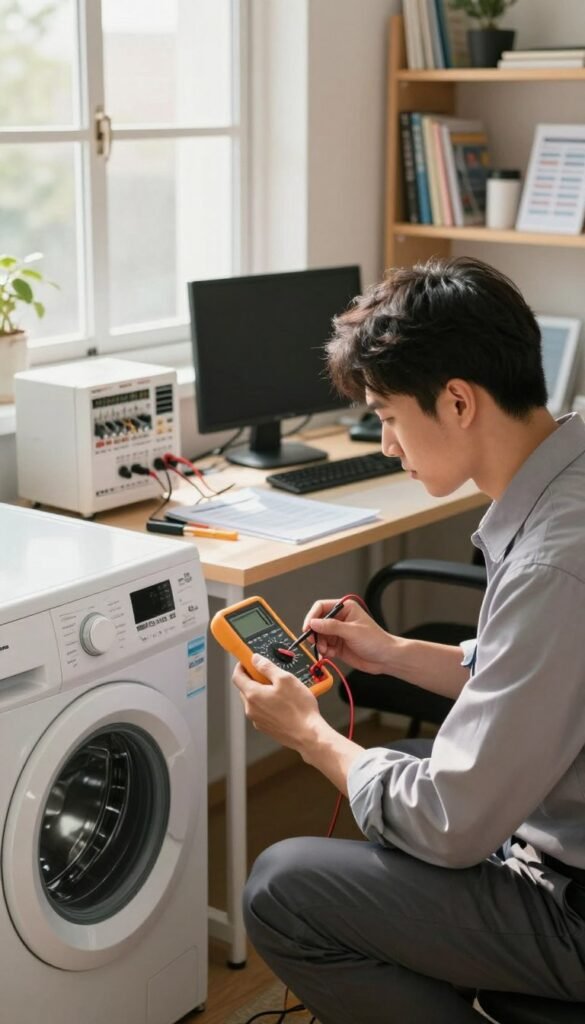 A professional setting featuring an electrical technician in business attire, focused on conducting practical electricity consumption measurements. In the foreground, the technician is using a digital multimeter while surrounded by various electrical appliances like a washing machine, refrigerator, and computer. The middle ground showcases a neatly organized workspace filled with tools and data sheets, illuminated by warm, natural light filtering through a large window. The background includes shelves with technical books and instructional materials, reflecting a well-equipped environment. The overall mood is pragmatic and efficient, enhancing the theme of practical scenarios where measuring electricity proves beneficial. The style should resemble a Pinterest aesthetic, with soft, inviting colors, and the brand name "TechKiste" subtly integrated into the workspace. A professional setting featuring an electrical technician in business attire, focused on conducting practical electricity consumption measurements. In the foreground, the technician is using a digital multimeter while surrounded by various electrical appliances like a washing machine, refrigerator, and computer. The middle ground showcases a neatly organized workspace filled with tools and data sheets, illuminated by warm, natural light filtering through a large window. The background includes shelves with technical books and instructional materials, reflecting a well-equipped environment. The overall mood is pragmatic and efficient, enhancing the theme of practical scenarios where measuring electricity proves beneficial. The style should resemble a Pinterest aesthetic, with soft, inviting colors, and the brand name "TechKiste" subtly integrated into the workspace.