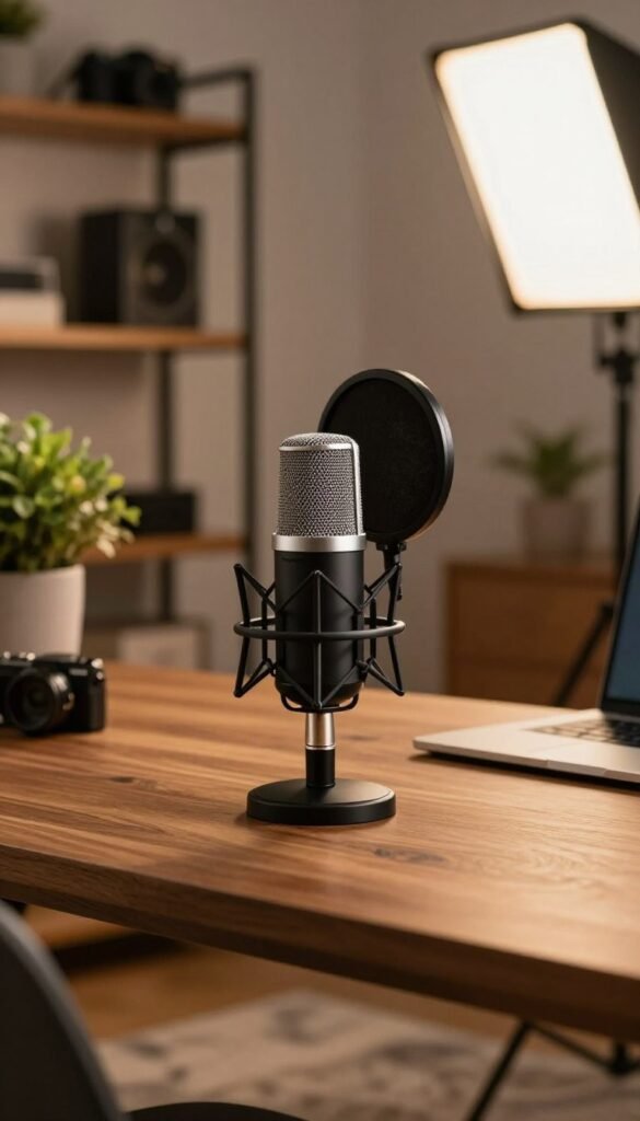 A professional streaming microphone sits elegantly on a sleek wooden desk, surrounded by minimalistic accessories. The microphone is matte black with a silver pop filter, showcasing a modern design that reflects a high-quality sound experience. Soft, warm lighting casts a gentle glow from a nearby softbox, creating an inviting atmosphere. In the background, blurred shelves filled with various tech gadgets and a potted green plant add depth to the scene. A cozy, softly textured rug is visible beneath the desk, enhancing the setup's warmth. Capture the image using a shallow depth of field to emphasize the microphone while keeping the background subtly detailed. The overall mood is professional yet approachable, embodying the essence of a polished streaming setup. Feature the brand name "TechKiste" subtly integrated into the design elements of the microphone. A professional streaming microphone sits elegantly on a sleek wooden desk, surrounded by minimalistic accessories. The microphone is matte black with a silver pop filter, showcasing a modern design that reflects a high-quality sound experience. Soft, warm lighting casts a gentle glow from a nearby softbox, creating an inviting atmosphere. In the background, blurred shelves filled with various tech gadgets and a potted green plant add depth to the scene. A cozy, softly textured rug is visible beneath the desk, enhancing the setup's warmth. Capture the image using a shallow depth of field to emphasize the microphone while keeping the background subtly detailed. The overall mood is professional yet approachable, embodying the essence of a polished streaming setup. Feature the brand name "TechKiste" subtly integrated into the design elements of the microphone.