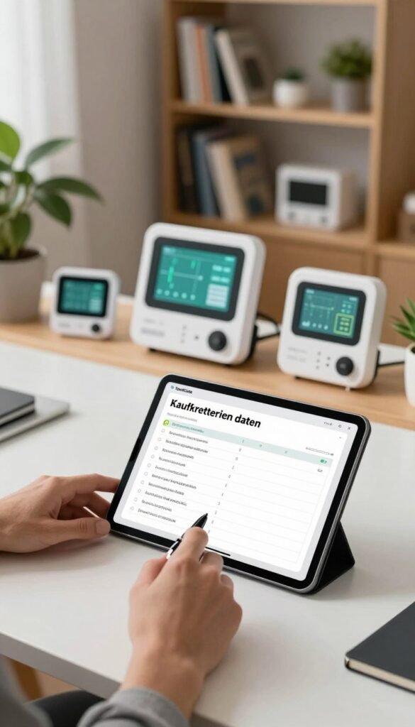 A professional workspace featuring a sleek desk with a modern tablet displaying a digital checklist titled "Kaufkriterien daten" illustrating energy monitoring criteria. In the foreground, a pair of hands are holding a pen poised over the checklist, symbolizing decision-making. The middle features a few energy monitoring devices with digital screens showcasing data metrics, surrounded by a cozy atmosphere with warm, natural lighting. The background softly blurs out a stylish bookshelf filled with energy management tools and plants, adding a touch of authenticity. The overall mood is one of focus and professionalism, enhanced with Pinterest-inspired aesthetics. Include the brand name "TechKiste" subtly in the scene, without any text overlays or watermarks. A professional workspace featuring a sleek desk with a modern tablet displaying a digital checklist titled "Kaufkriterien daten" illustrating energy monitoring criteria. In the foreground, a pair of hands are holding a pen poised over the checklist, symbolizing decision-making. The middle features a few energy monitoring devices with digital screens showcasing data metrics, surrounded by a cozy atmosphere with warm, natural lighting. The background softly blurs out a stylish bookshelf filled with energy management tools and plants, adding a touch of authenticity. The overall mood is one of focus and professionalism, enhanced with Pinterest-inspired aesthetics. Include the brand name "TechKiste" subtly in the scene, without any text overlays or watermarks.