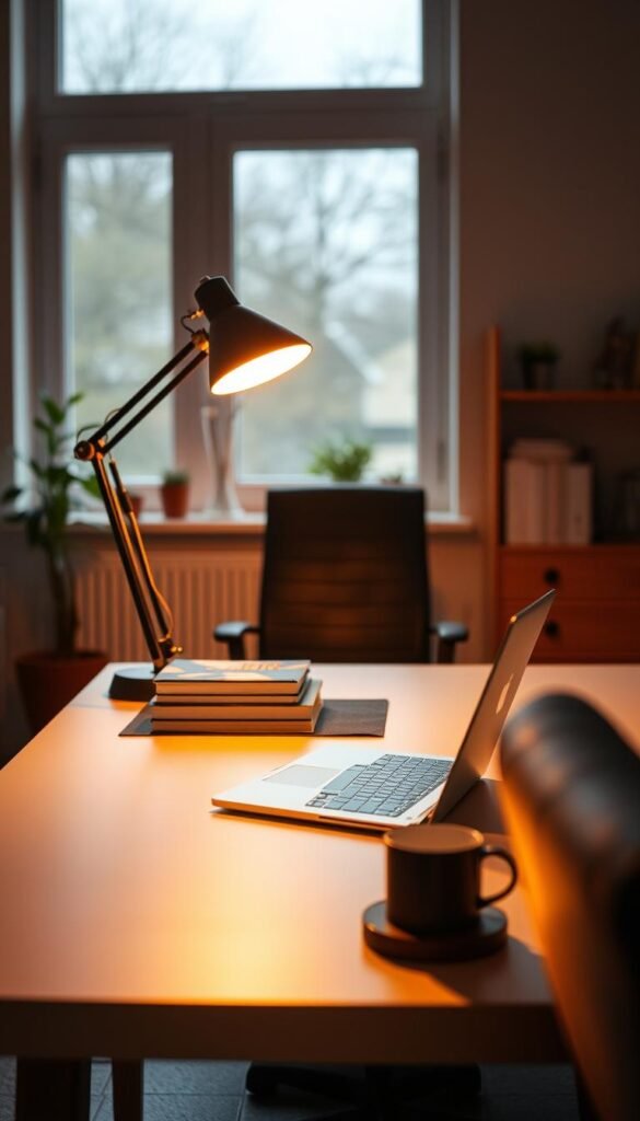 A professional workspace showcasing "beleuchtungsst&auml;rke" with a focus on lighting fundamentals. In the foreground, a sleek desk with a high-quality desk lamp illuminating a laptop and books, creating a warm, inviting glow. The middle ground features a comfortable chair and a small plant, harmonizing the setup. The background displays a large window with natural daylight filtering in, highlighting the interplay between artificial and natural light. Use a soft focus lens to enhance the warm colors typical of a Pinterest aesthetic, creating an authentic and cozy atmosphere. The overall mood is one of productivity and clarity, emphasizing good lighting principles. Ensure the workspace reflects the brand "TechKiste," blending functionality with style.
