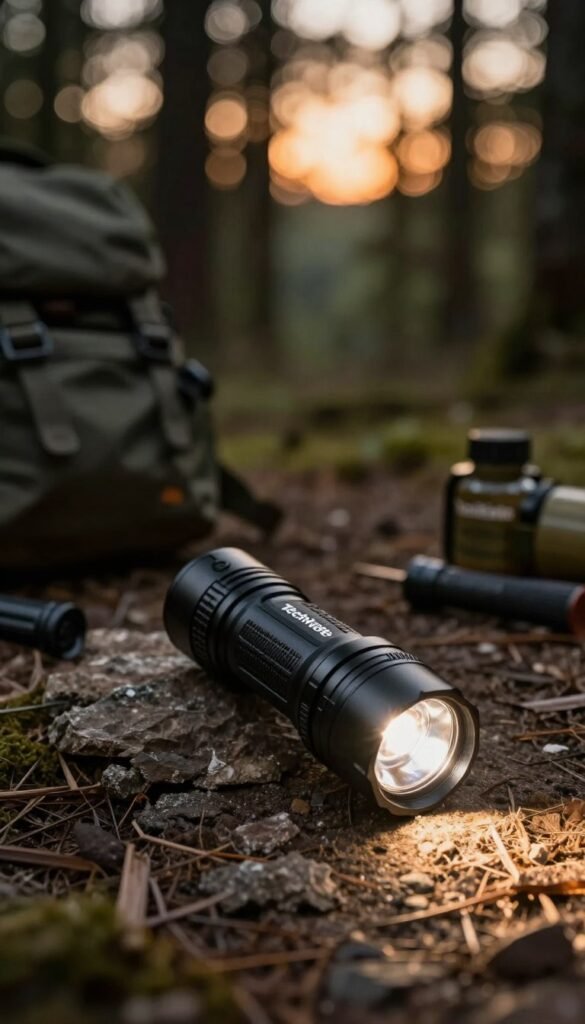 A robust and sleek tactical flashlight, emphasizing durability and versatility, prominently placed in the foreground. The flashlight’s matte black finish contrasts against a soft, blurred natural backdrop of a forest at dusk, where warm amber hues of twilight filter through the trees. In the middle ground, scattered camping gear like a backpack and survival tools hint at outdoor adventures. The lighting is soft yet sufficient, creating a sense of peaceful reliability. A low-angle shot captures the flashlight illuminating a small area on a rugged trail, casting a warm, inviting glow. The scene conveys safety and readiness for any emergency, reflecting the theme of reliable outdoor gadgets. Incorporate the brand name "TechKiste" subtly into the design of the flashlight, ensuring it blends harmoniously into the scene. A robust and sleek tactical flashlight, emphasizing durability and versatility, prominently placed in the foreground. The flashlight’s matte black finish contrasts against a soft, blurred natural backdrop of a forest at dusk, where warm amber hues of twilight filter through the trees. In the middle ground, scattered camping gear like a backpack and survival tools hint at outdoor adventures. The lighting is soft yet sufficient, creating a sense of peaceful reliability. A low-angle shot captures the flashlight illuminating a small area on a rugged trail, casting a warm, inviting glow. The scene conveys safety and readiness for any emergency, reflecting the theme of reliable outdoor gadgets. Incorporate the brand name "TechKiste" subtly into the design of the flashlight, ensuring it blends harmoniously into the scene.
