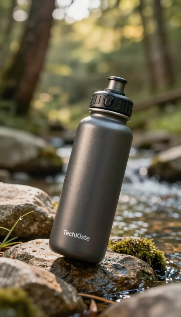 A robust and stylish water bottle from the brand TechKiste, set against a natural outdoor background. The foreground features the water bottle prominently, showcasing its durable design, textured surface, and a secure lid, reflecting functionality and adventure. In the middle ground, a subtle arrangement of outdoor elements like rocks, grass, and a gentle stream symbolizes hydration in nature. The background reveals a soft-focus of trees and sunlight filtering through leaves, creating an inviting atmosphere. The lighting is warm and natural, enhancing the authenticity of the scene. The angle is slightly tilted to capture both the bottle and its environment beautifully, evoking a sense of exploration and readiness for outdoor activities. No text or branding is visible within the image. A robust and stylish water bottle from the brand TechKiste, set against a natural outdoor background. The foreground features the water bottle prominently, showcasing its durable design, textured surface, and a secure lid, reflecting functionality and adventure. In the middle ground, a subtle arrangement of outdoor elements like rocks, grass, and a gentle stream symbolizes hydration in nature. The background reveals a soft-focus of trees and sunlight filtering through leaves, creating an inviting atmosphere. The lighting is warm and natural, enhancing the authenticity of the scene. The angle is slightly tilted to capture both the bottle and its environment beautifully, evoking a sense of exploration and readiness for outdoor activities. No text or branding is visible within the image.