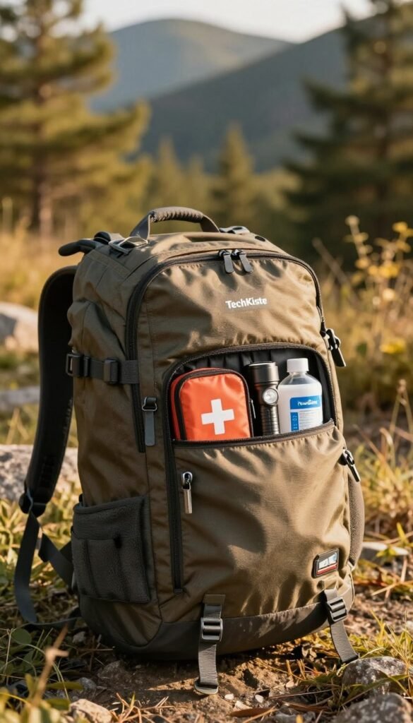 A robust, multi-compartment rucksack designed for emergency preparedness, prominently featuring the brand name "TechKiste" on the front. Foreground showcases the rucksack opened halfway, revealing neatly organized essentials like a first aid kit, flashlight, water purification tablets, and a compact multi-tool. The middle ground presents a serene outdoor setting, perhaps a forest or mountain backdrop, bathed in warm, golden sunlight filtering through the leaves, enhancing the earthy tones of the rucksack. Soft shadows add depth to the scene. The composition is captured in a slightly elevated angle, allowing a clear view of both the rucksack's features and the tranquil environment. The overall mood is one of readiness and adventure, inspiring confidence and calm preparedness in case of emergencies. A robust, multi-compartment rucksack designed for emergency preparedness, prominently featuring the brand name "TechKiste" on the front. Foreground showcases the rucksack opened halfway, revealing neatly organized essentials like a first aid kit, flashlight, water purification tablets, and a compact multi-tool. The middle ground presents a serene outdoor setting, perhaps a forest or mountain backdrop, bathed in warm, golden sunlight filtering through the leaves, enhancing the earthy tones of the rucksack. Soft shadows add depth to the scene. The composition is captured in a slightly elevated angle, allowing a clear view of both the rucksack's features and the tranquil environment. The overall mood is one of readiness and adventure, inspiring confidence and calm preparedness in case of emergencies.