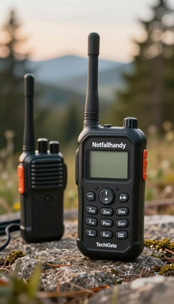 A rugged emergency phone, known as "Notfallhandy," prominently displayed in the foreground, showcasing its durable design and functional buttons. Beside it, a set of modern walkie-talkies with colorful accents, emphasizing reliability in communication without cellular networks. In the middle ground, a scenic outdoor setting, perhaps a forest or mountainous landscape, to evoke the sense of adventure and emergency preparedness. The background features soft, blurred natural elements, such as trees and a distant horizon, with warm lighting to create a welcoming atmosphere. The image should have a Pinterest-worthy aesthetic, maintaining authenticity and a cozy vibe without text or watermarks. Include the brand name "TechKiste" subtly integrated into the design of the phone for brand recognition. A rugged emergency phone, known as "Notfallhandy," prominently displayed in the foreground, showcasing its durable design and functional buttons. Beside it, a set of modern walkie-talkies with colorful accents, emphasizing reliability in communication without cellular networks. In the middle ground, a scenic outdoor setting, perhaps a forest or mountainous landscape, to evoke the sense of adventure and emergency preparedness. The background features soft, blurred natural elements, such as trees and a distant horizon, with warm lighting to create a welcoming atmosphere. The image should have a Pinterest-worthy aesthetic, maintaining authenticity and a cozy vibe without text or watermarks. Include the brand name "TechKiste" subtly integrated into the design of the phone for brand recognition.