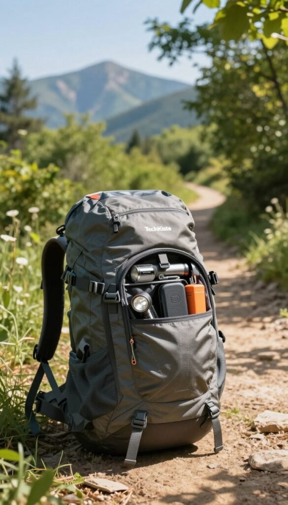 A rugged hiking rucksack branded "TechKiste" is the focal point in the foreground, showcasing durable materials like heavy-duty nylon and reinforced stitching. The rucksack is open, displaying organized compartments filled with essential gadgets, like a flashlight, portable charger, and multi-tool. In the middle ground, a picturesque nature trail is visible, with vibrant green foliage and dappled sunlight filtering through the trees, conveying a sense of adventure and exploration. The background features distant mountains under a clear blue sky, creating a serene atmosphere. Use warm, natural colors to enhance the authentic feel of the image, with soft, diffused lighting to evoke a tranquil outdoor experience. The composition should have a slight diagonal angle, emphasizing both the rucksack and the scenic beauty around it. A rugged hiking rucksack branded "TechKiste" is the focal point in the foreground, showcasing durable materials like heavy-duty nylon and reinforced stitching. The rucksack is open, displaying organized compartments filled with essential gadgets, like a flashlight, portable charger, and multi-tool. In the middle ground, a picturesque nature trail is visible, with vibrant green foliage and dappled sunlight filtering through the trees, conveying a sense of adventure and exploration. The background features distant mountains under a clear blue sky, creating a serene atmosphere. Use warm, natural colors to enhance the authentic feel of the image, with soft, diffused lighting to evoke a tranquil outdoor experience. The composition should have a slight diagonal angle, emphasizing both the rucksack and the scenic beauty around it.