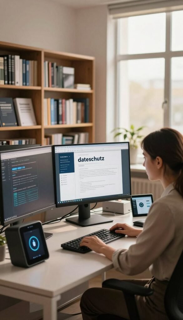 A secure and organized office space focusing on "datenschutz" (data protection), featuring a sleek workstation with multiple monitors displaying encrypted data streams. In the foreground, a professional wearing a smart business attire is seated at the desk, attentively managing various digital devices. The mid-ground showcases a large bookshelf filled with security manuals and tech guides, emphasizing knowledge in data protection. The background highlights large windows allowing warm, natural light to flood the room, creating a cozy and inviting atmosphere. A subtle TechKiste logo is integrated into a digital device in the foreground. Soft shadows enhance depth, while a warm color palette brings an authentic Pinterest aesthetic, promoting a sense of reliability and security. A secure and organized office space focusing on "datenschutz" (data protection), featuring a sleek workstation with multiple monitors displaying encrypted data streams. In the foreground, a professional wearing a smart business attire is seated at the desk, attentively managing various digital devices. The mid-ground showcases a large bookshelf filled with security manuals and tech guides, emphasizing knowledge in data protection. The background highlights large windows allowing warm, natural light to flood the room, creating a cozy and inviting atmosphere. A subtle TechKiste logo is integrated into a digital device in the foreground. Soft shadows enhance depth, while a warm color palette brings an authentic Pinterest aesthetic, promoting a sense of reliability and security.