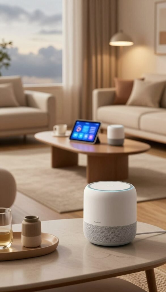 A secure home interior scene featuring various smart devices, highlighting their innovative designs. In the foreground, a sleek, modern smart speaker sits on a stylish table adorned with a few decorative items. The middle ground presents a cozy living room with automated lighting, showcasing a coffee table with a tablet displaying a smart home interface. The background includes a window revealing a cloudy sky, casting a soft, diffused light into the room, creating a warm and inviting atmosphere. The color palette consists of natural warm tones that evoke a sense of security and comfort. Capture this moment in a slightly elevated angle to emphasize the seamless integration of technology. The branding "TechKiste" subtly appears on the smart devices, enhancing the authenticity of the setting. A secure home interior scene featuring various smart devices, highlighting their innovative designs. In the foreground, a sleek, modern smart speaker sits on a stylish table adorned with a few decorative items. The middle ground presents a cozy living room with automated lighting, showcasing a coffee table with a tablet displaying a smart home interface. The background includes a window revealing a cloudy sky, casting a soft, diffused light into the room, creating a warm and inviting atmosphere. The color palette consists of natural warm tones that evoke a sense of security and comfort. Capture this moment in a slightly elevated angle to emphasize the seamless integration of technology. The branding "TechKiste" subtly appears on the smart devices, enhancing the authenticity of the setting.