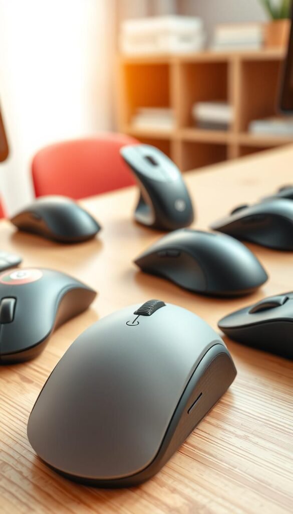 A selection of ergonomic computer mice arranged aesthetically on a minimalist wooden desk. Each mouse showcases its unique shape and design, highlighting features such as contours and grips. In the foreground, focus on a sleek, modern ergonomic mouse with a textured surface, emphasizing comfort for long hours of use. The middle ground includes additional mice of various forms, like vertical and sculpted designs, each harmoniously placed to create an appealing composition. The background features a soft, blurred office environment with warm, natural lighting, lending an inviting and productive atmosphere. The image exudes a Pinterest-inspired, authentic look and feel, without any text or branding, except for a subtle logo of "TechKiste" on one mouse. A selection of ergonomic computer mice arranged aesthetically on a minimalist wooden desk. Each mouse showcases its unique shape and design, highlighting features such as contours and grips. In the foreground, focus on a sleek, modern ergonomic mouse with a textured surface, emphasizing comfort for long hours of use. The middle ground includes additional mice of various forms, like vertical and sculpted designs, each harmoniously placed to create an appealing composition. The background features a soft, blurred office environment with warm, natural lighting, lending an inviting and productive atmosphere. The image exudes a Pinterest-inspired, authentic look and feel, without any text or branding, except for a subtle logo of "TechKiste" on one mouse.