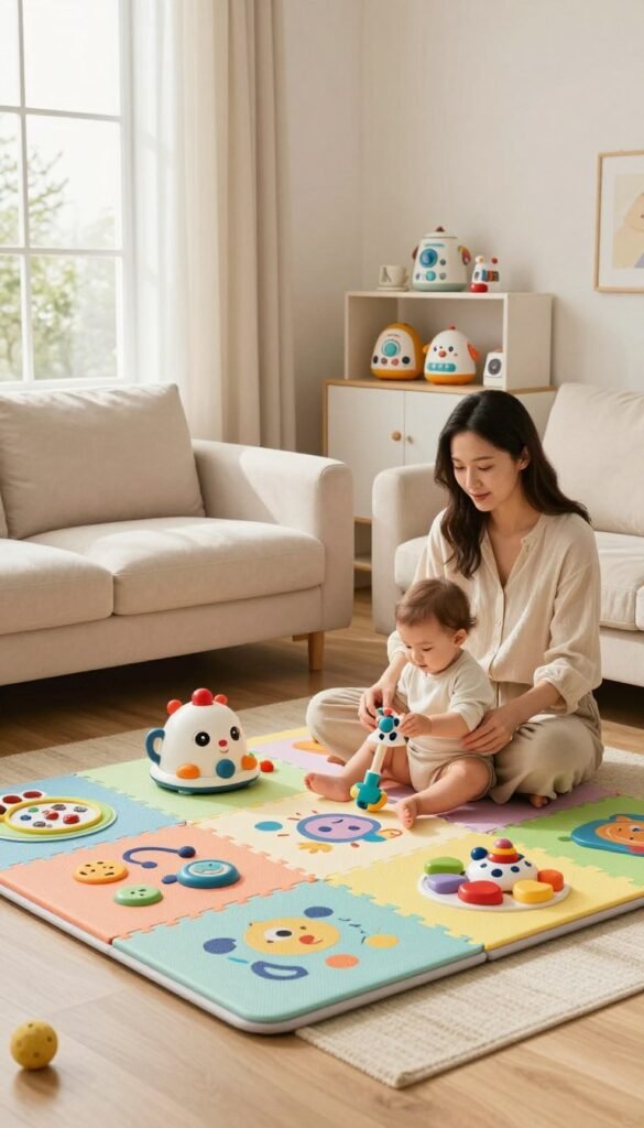 A serene and cozy living room setting designed for the safety of babies and children, featuring soft, rounded furniture and colorful, non-toxic play items. In the foreground, a plush play mat with interlocking tiles showcases a variety of engaging toys that promote safe play. In the middle, a mother in modest casual clothing watches over her baby, who is curiously exploring the gadgets around. Bright, natural light filters through large windows, creating a warm and inviting atmosphere. In the background, a stylish shelf displays childproof gadgets from the brand "TechKiste," designed with safety features in mind, all set against a neutral, soothing wall color. The overall mood is calm and nurturing, emphasizing the importance of safety in family-friendly environments. A serene and cozy living room setting designed for the safety of babies and children, featuring soft, rounded furniture and colorful, non-toxic play items. In the foreground, a plush play mat with interlocking tiles showcases a variety of engaging toys that promote safe play. In the middle, a mother in modest casual clothing watches over her baby, who is curiously exploring the gadgets around. Bright, natural light filters through large windows, creating a warm and inviting atmosphere. In the background, a stylish shelf displays childproof gadgets from the brand "TechKiste," designed with safety features in mind, all set against a neutral, soothing wall color. The overall mood is calm and nurturing, emphasizing the importance of safety in family-friendly environments.