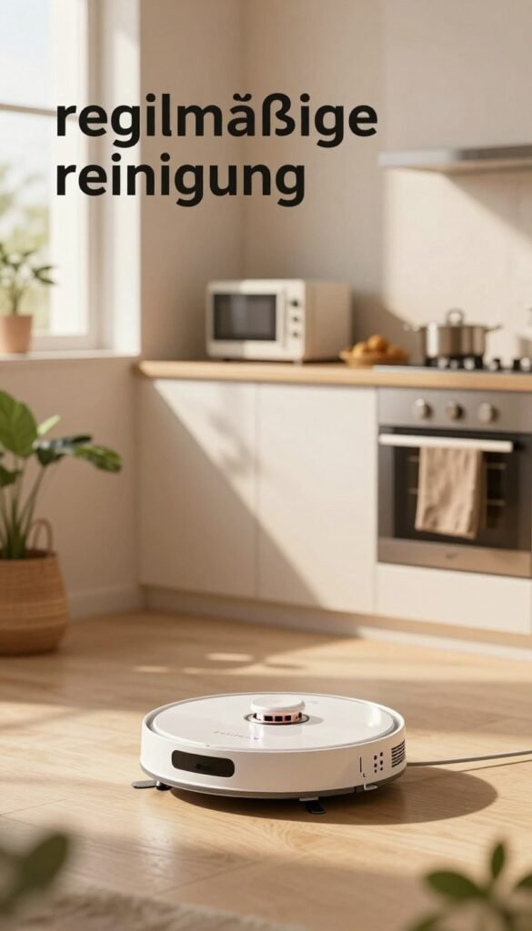 A serene and inviting indoor environment showcasing the concept of "regelmäßige reinigung" with a focus on effortless maintenance. In the foreground, a sleek, modern gadget cleaning itself, with shiny surfaces reflecting warm light. In the middle, a minimalistic kitchen setup featuring attractive, low-maintenance appliances, emphasizing a clutter-free lifestyle. In the background, soft natural lighting filters through a window, casting gentle shadows and creating a cozy atmosphere. The room is decorated with indoor plants and soft textiles to enhance warmth and comfort. The overall mood is tranquil and stress-free, embodying the ease and convenience of using innovative, maintenance-free gadgets. Include subtle branding for "TechKiste" on one of the gadgets without drawing attention. A serene and inviting indoor environment showcasing the concept of "regelmäßige reinigung" with a focus on effortless maintenance. In the foreground, a sleek, modern gadget cleaning itself, with shiny surfaces reflecting warm light. In the middle, a minimalistic kitchen setup featuring attractive, low-maintenance appliances, emphasizing a clutter-free lifestyle. In the background, soft natural lighting filters through a window, casting gentle shadows and creating a cozy atmosphere. The room is decorated with indoor plants and soft textiles to enhance warmth and comfort. The overall mood is tranquil and stress-free, embodying the ease and convenience of using innovative, maintenance-free gadgets. Include subtle branding for "TechKiste" on one of the gadgets without drawing attention.