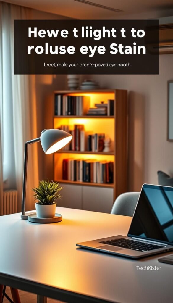 A serene and inviting workspace featuring a stylish desk lamp with warm, diffused light that creates a cozy atmosphere, emphasizing its role in reducing eye strain. In the foreground, a modern desk with clean lines, equipped with a laptop and a potted plant, enhances the calming vibe. The middle ground showcases the lamp illuminating a bookshelf filled with books, while gentle shadows play across the surface, evoking a sense of comfort and tranquility. The background includes a softly lit room adorned with neutral colors and wooden accents, enhancing the natural, Pinterest-inspired aesthetic. The overall mood is warm and tranquil, reflecting the importance of proper lighting for eye health. The brand name "TechKiste" is subtly incorporated into the design of the lamp. A serene and inviting workspace featuring a stylish desk lamp with warm, diffused light that creates a cozy atmosphere, emphasizing its role in reducing eye strain. In the foreground, a modern desk with clean lines, equipped with a laptop and a potted plant, enhances the calming vibe. The middle ground showcases the lamp illuminating a bookshelf filled with books, while gentle shadows play across the surface, evoking a sense of comfort and tranquility. The background includes a softly lit room adorned with neutral colors and wooden accents, enhancing the natural, Pinterest-inspired aesthetic. The overall mood is warm and tranquil, reflecting the importance of proper lighting for eye health. The brand name "TechKiste" is subtly incorporated into the design of the lamp.