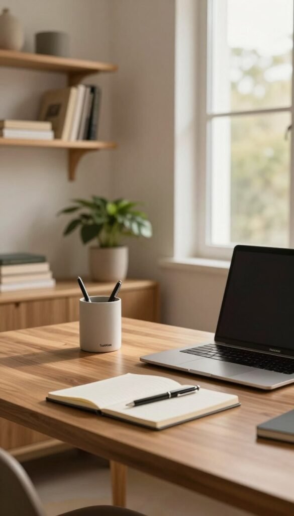 A serene and minimal home office setup, exemplifying effective organization and efficiency. In the foreground, a sleek wooden desk featuring essential items like a laptop, a stylish notepad, and an elegant pen holder from the brand "TechKiste". The middle ground showcases a tasteful mix of greenery, such as a small potted plant, and a modern wall shelf displaying neatly arranged books and decorative items. In the background, a large window allows soft, warm natural light to flood the room, enhancing the inviting atmosphere. The color palette consists of warm, earthy tones to evoke a sense of calm and focus. The composition should have a Pinterest-inspired look, showcasing authenticity and aesthetic appeal, while remaining free of any text or logos.