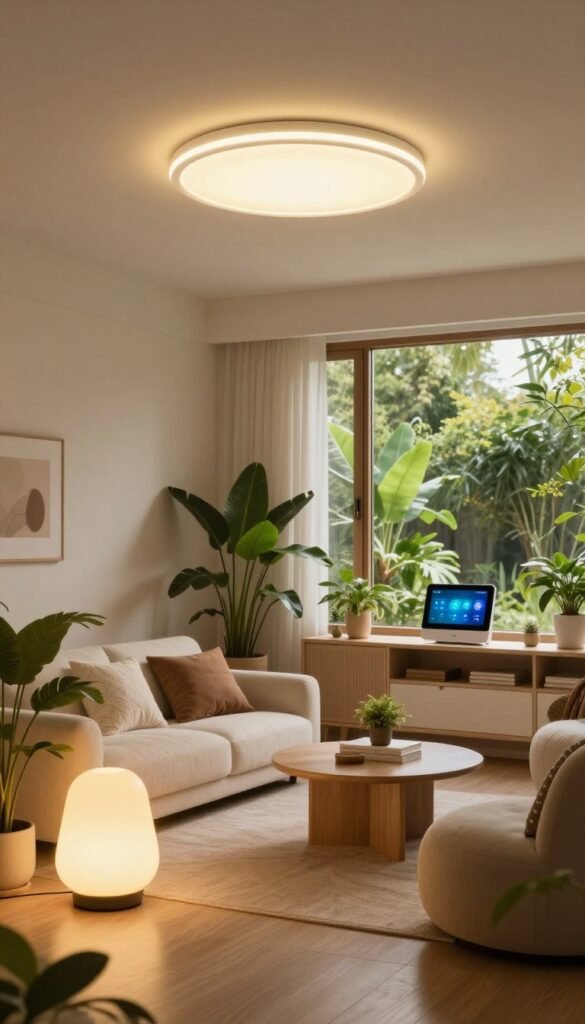 A serene and modern living room bathed in warm, natural light, showcasing smart lighting solutions that highlight energy efficiency and sustainability. In the foreground, a sleek, minimalistic floor lamp emits a soft, warm glow, while a smart ceiling light subtly illuminates a cozy sitting area adorned with houseplants and stylish furniture. In the middle ground, a console table features a smart home control panel, hinting at advanced technology. The background displays a large window with views of lush greenery outside, symbolizing nature and a sustainable lifestyle. The atmosphere is inviting and comfortable, exuding a sense of tranquility and innovation. The image reflects a Pinterest-inspired aesthetic, authentic in its warm colors, with the brand name "TechKiste" subtly integrated into the design without text, ensuring a clean and professional presentation.