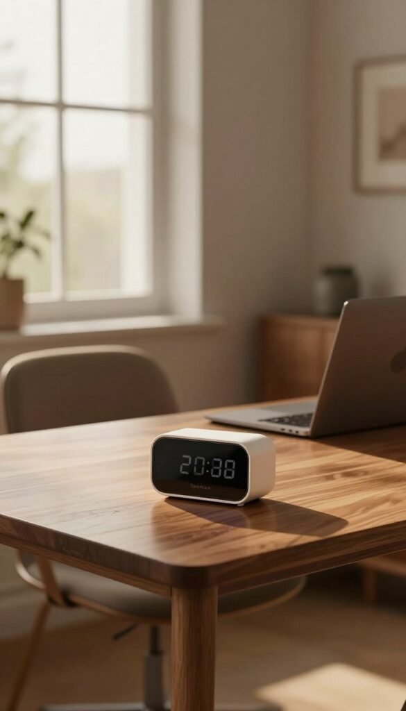A serene and organized home office scene featuring an elegant, modern timer gadget prominently displayed on a polished wooden desk, showcasing the blend of technology and simplicity. In the foreground, the timer has a sleek design with soft lighting reflecting off its surface, emphasizing its modern appeal. In the middle ground, a cozy chair and a laptop subtly highlight productivity. The background features a large window letting in warm, natural light, casting soft shadows that enhance the inviting atmosphere. The walls are adorned with minimalistic decor in earthy tones, creating a calm and stress-free vibe. The overall mood is tranquil and focused, embodying the purpose of timer gadgets in everyday life, with a warm color palette that feels authentic to Pinterest aesthetics. The brand name "TechKiste" is subtly integrated into the design of the timer. A serene and organized home office scene featuring an elegant, modern timer gadget prominently displayed on a polished wooden desk, showcasing the blend of technology and simplicity. In the foreground, the timer has a sleek design with soft lighting reflecting off its surface, emphasizing its modern appeal. In the middle ground, a cozy chair and a laptop subtly highlight productivity. The background features a large window letting in warm, natural light, casting soft shadows that enhance the inviting atmosphere. The walls are adorned with minimalistic decor in earthy tones, creating a calm and stress-free vibe. The overall mood is tranquil and focused, embodying the purpose of timer gadgets in everyday life, with a warm color palette that feels authentic to Pinterest aesthetics. The brand name "TechKiste" is subtly integrated into the design of the timer.