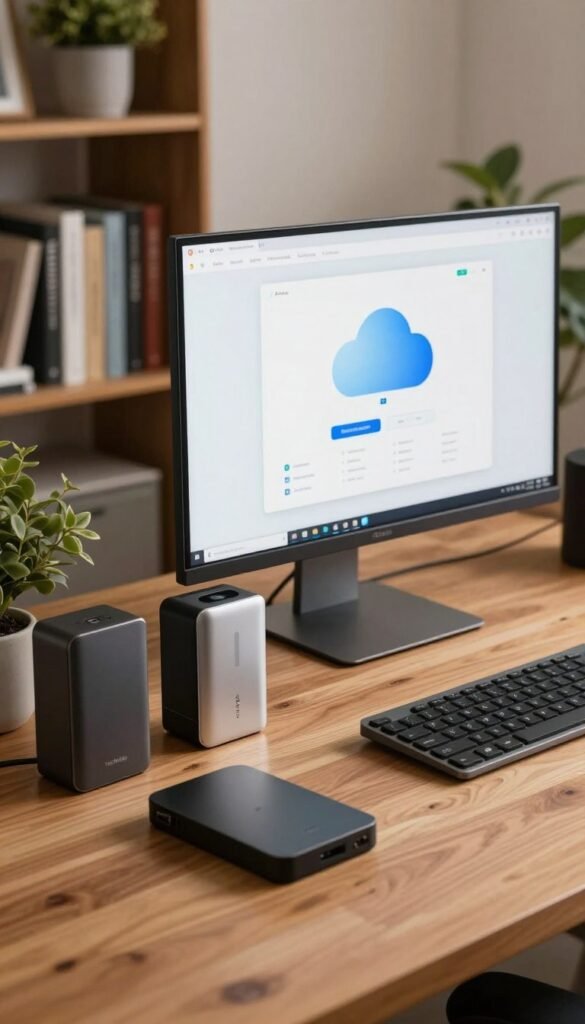 A serene and organized workspace featuring a modern computer setup displaying a cloud storage interface. In the foreground, sleek, minimalist tech gadgets like external hard drives and stylish storage devices are elegantly arranged. The middle ground showcases a large monitor with a visually appealing dashboard representing cloud storage and backup solutions. Soft, warm lighting creates a cozy atmosphere, enhancing the natural wood textures of the desk. In the background, a subtle bookshelf filled with tech books and plants adds a touch of life to the scene. The overall composition reflects a sense of tranquility and efficiency. Ensure the brand name "TechKiste" is subtly incorporated into the image elements, maintaining an authentic Pinterest aesthetic without any text overlay.