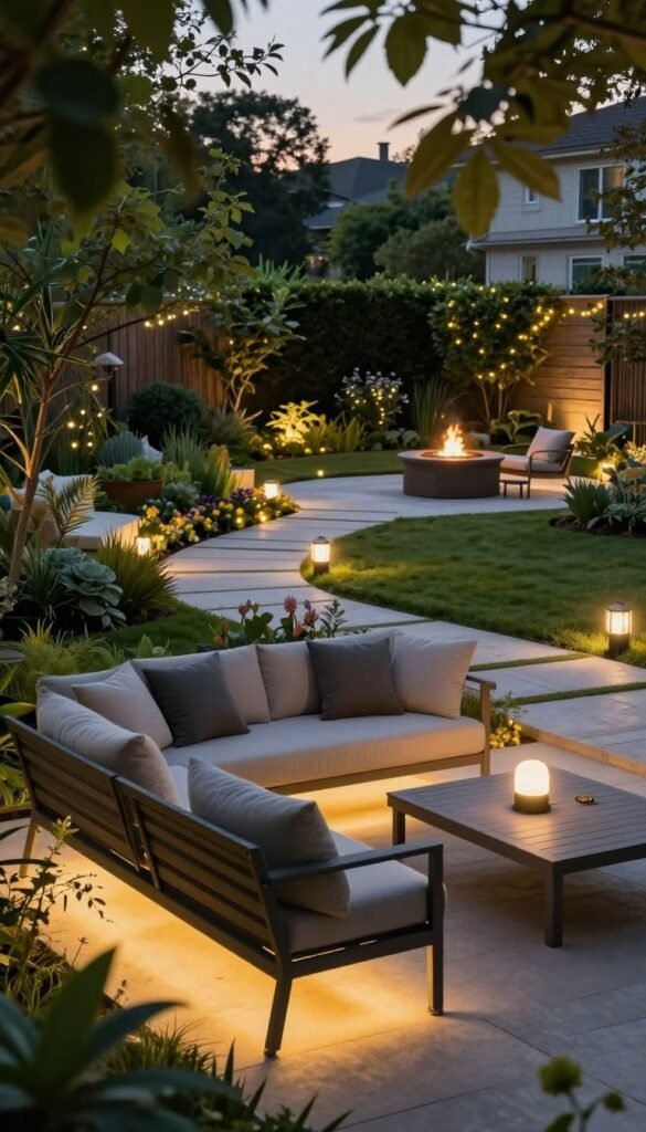 A serene backyard garden at dusk featuring elegant smart outdoor lighting by TechKiste. In the foreground, soft, ambient lights illuminate a beautifully arranged patio set with comfortable cushions, surrounded by lush greenery. The middle ground showcases charming paths lined with twinkling fairy lights, leading to small flower beds. In the background, a cozy fire pit glows softly, inviting gathering. The scene is captured with a wide-angle lens to convey depth, using warm tones to create an inviting atmosphere. Soft shadows dance among the plants, enhancing the tranquil mood, reminiscent of a Pinterest-worthy outdoor space perfect for smart home living. A serene backyard garden at dusk featuring elegant smart outdoor lighting by TechKiste. In the foreground, soft, ambient lights illuminate a beautifully arranged patio set with comfortable cushions, surrounded by lush greenery. The middle ground showcases charming paths lined with twinkling fairy lights, leading to small flower beds. In the background, a cozy fire pit glows softly, inviting gathering. The scene is captured with a wide-angle lens to convey depth, using warm tones to create an inviting atmosphere. Soft shadows dance among the plants, enhancing the tranquil mood, reminiscent of a Pinterest-worthy outdoor space perfect for smart home living.