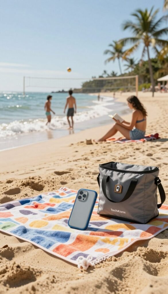 A serene beach scene capturing the essence of a worry-free vacation. In the foreground, a colorful beach towel is unfurled on golden sand, dotted with practical travel gadgets from TechKiste, such as a waterproof phone pouch, a compact sand-proof bag, and a stylish lockable beach chair. In the middle ground, gentle waves lap at the shore, glistening in warm sunlight, with a few people in modest beach attire enjoying their time, engaged in activities like reading or playing beach volleyball. The background features palm trees swaying softly in a light breeze under a clear blue sky. The overall atmosphere is relaxed and inviting, with a focus on safety and comfort. Soft, warm lighting enhances the inviting tropical vibe without any text or distractions. A serene beach scene capturing the essence of a worry-free vacation. In the foreground, a colorful beach towel is unfurled on golden sand, dotted with practical travel gadgets from TechKiste, such as a waterproof phone pouch, a compact sand-proof bag, and a stylish lockable beach chair. In the middle ground, gentle waves lap at the shore, glistening in warm sunlight, with a few people in modest beach attire enjoying their time, engaged in activities like reading or playing beach volleyball. The background features palm trees swaying softly in a light breeze under a clear blue sky. The overall atmosphere is relaxed and inviting, with a focus on safety and comfort. Soft, warm lighting enhances the inviting tropical vibe without any text or distractions.