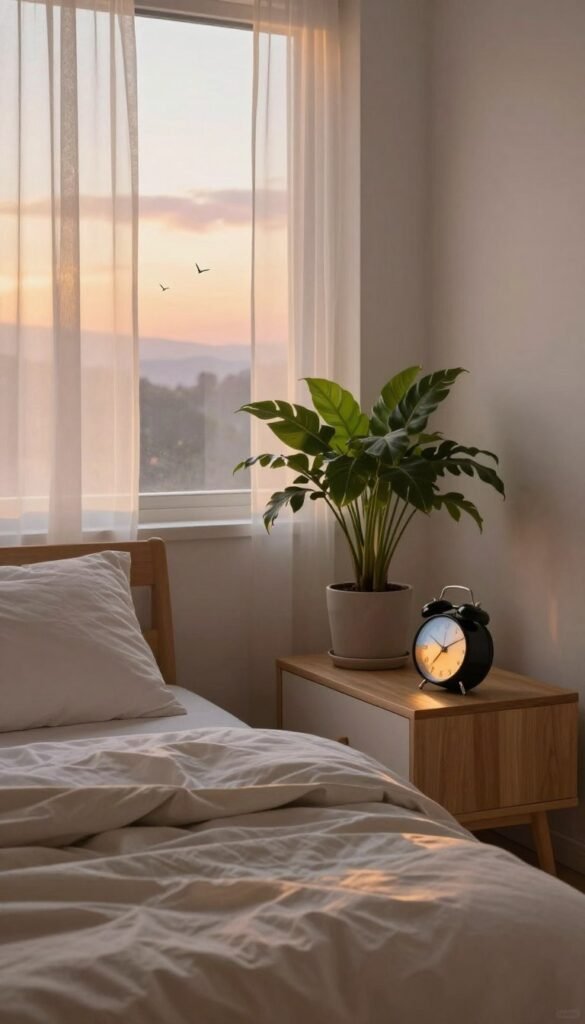A serene bedroom scene at dawn, softly illuminated by warm, golden sunlight filtering through sheer curtains. In the foreground, a cozy bed with fluffy pillows and a light, inviting duvet. On the bedside table, a sleek alarm clock subtly reflects the changing light. The middle ground features a beautiful potted plant, adding a touch of nature to the calming environment. A window shows a gentle morning sky with hints of pastel colors and birds subtly flying. The atmosphere evokes tranquility, promoting a feeling of gradual awakening rather than abruptness. The scene embodies the concept of "gentle waking automation" with an inviting Pinterest-inspired aesthetic. The subtle branding "TechKiste" is tastefully integrated into the bedside table design, ensuring it blends seamlessly with the decor.