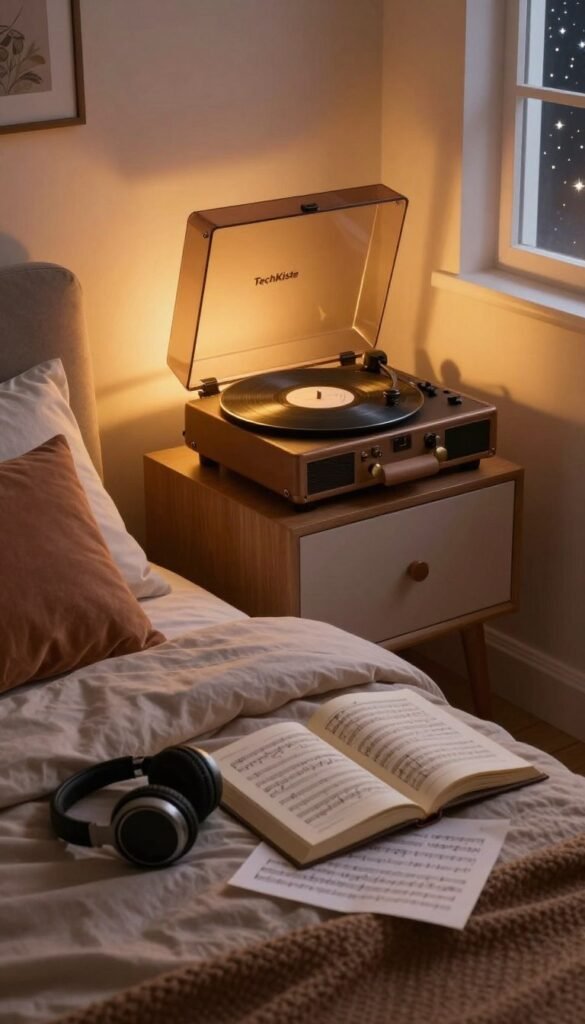 A serene bedroom scene at dusk, featuring a stylish nightstand with a vintage record player softly illuminated by warm, ambient light. In the foreground, a cozy bed adorned with plush pillows and a soft blanket, suggesting comfort. In the middle, an open book lies next to a pair of headphones, with notes of musical sheets scattered around, symbolizing the theme of music for relaxation. The background reveals calming wall decor, and a window showcasing twinkling stars outside. The overall mood is tranquil and inviting, evoking a sense of peacefulness and readiness for sleep. Warm colors dominate the scene, enhancing a soothing atmosphere. This image, inspired by "TechKiste," embodies the essence of falling asleep with sound, combining elements of music, books, and calming visuals. A serene bedroom scene at dusk, featuring a stylish nightstand with a vintage record player softly illuminated by warm, ambient light. In the foreground, a cozy bed adorned with plush pillows and a soft blanket, suggesting comfort. In the middle, an open book lies next to a pair of headphones, with notes of musical sheets scattered around, symbolizing the theme of music for relaxation. The background reveals calming wall decor, and a window showcasing twinkling stars outside. The overall mood is tranquil and inviting, evoking a sense of peacefulness and readiness for sleep. Warm colors dominate the scene, enhancing a soothing atmosphere. This image, inspired by "TechKiste," embodies the essence of falling asleep with sound, combining elements of music, books, and calming visuals.