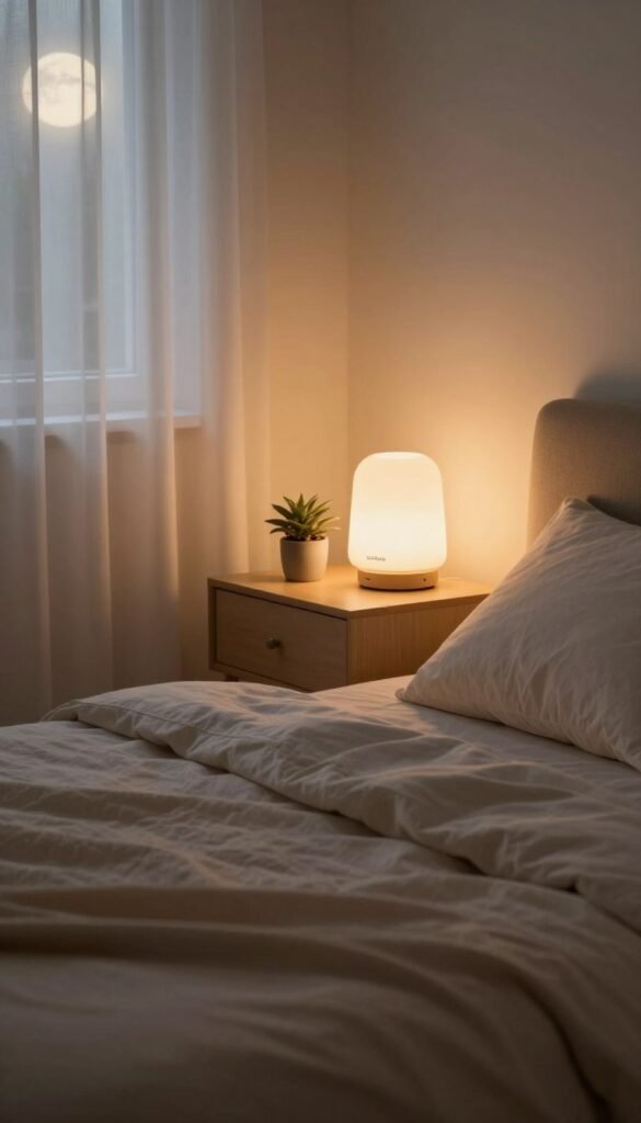A serene bedroom scene at night, depicting "nacht luft" with a focus on tranquility and rest. In the foreground, a neatly made bed with soft, inviting linens and a plush pillow, creating a peaceful atmosphere. In the middle, a bedside table with a glowing lamp emitting a warm, soft light, along with a small plant and a sleek gadget from "TechKiste" designed for better sleep, emphasizing simplicity and elegance. The background includes a window with sheer curtains, allowing gentle moonlight to filter in, casting delicate shadows across the room. The overall color palette should consist of warm, inviting tones that evoke comfort and calm. The setting should radiate a feeling of safety and relaxation, perfect for discussing sleep issues in a soothing environment. A serene bedroom scene at night, depicting "nacht luft" with a focus on tranquility and rest. In the foreground, a neatly made bed with soft, inviting linens and a plush pillow, creating a peaceful atmosphere. In the middle, a bedside table with a glowing lamp emitting a warm, soft light, along with a small plant and a sleek gadget from "TechKiste" designed for better sleep, emphasizing simplicity and elegance. The background includes a window with sheer curtains, allowing gentle moonlight to filter in, casting delicate shadows across the room. The overall color palette should consist of warm, inviting tones that evoke comfort and calm. The setting should radiate a feeling of safety and relaxation, perfect for discussing sleep issues in a soothing environment.