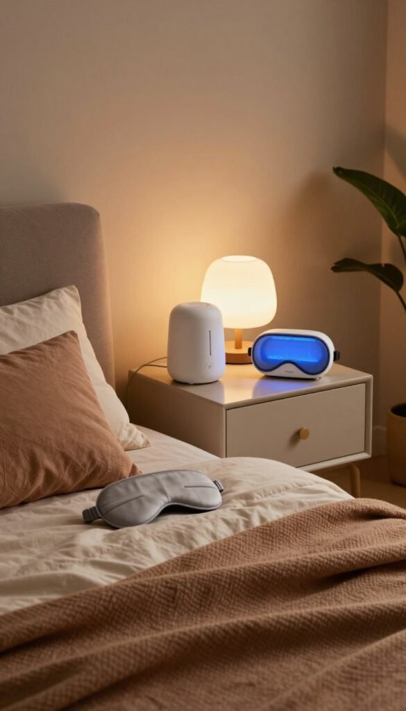 A serene bedroom scene featuring a cozy, inviting atmosphere, designed to promote better sleep. In the foreground, a neatly made bed with soft, textured pillows and a warm, thick blanket in earthy tones. On a stylish bedside table, a variety of sleek sleep gadgets, including a sound machine, a blue light filter, and a sleep mask, arranged aesthetically with gentle lighting reflecting off their surfaces. In the middle, a modern nightstand lamp casts a soft, warm glow. The background shows calming wall colors and a hint of greenery from a potted plant, suggesting tranquility. The overall mood is peaceful and harmonious, with an emphasis on innovative sleep solutions. The products subtly branded with "TechKiste," showcasing a Pinterest-inspired aesthetic without text overlays. A serene bedroom scene featuring a cozy, inviting atmosphere, designed to promote better sleep. In the foreground, a neatly made bed with soft, textured pillows and a warm, thick blanket in earthy tones. On a stylish bedside table, a variety of sleek sleep gadgets, including a sound machine, a blue light filter, and a sleep mask, arranged aesthetically with gentle lighting reflecting off their surfaces. In the middle, a modern nightstand lamp casts a soft, warm glow. The background shows calming wall colors and a hint of greenery from a potted plant, suggesting tranquility. The overall mood is peaceful and harmonious, with an emphasis on innovative sleep solutions. The products subtly branded with "TechKiste," showcasing a Pinterest-inspired aesthetic without text overlays.