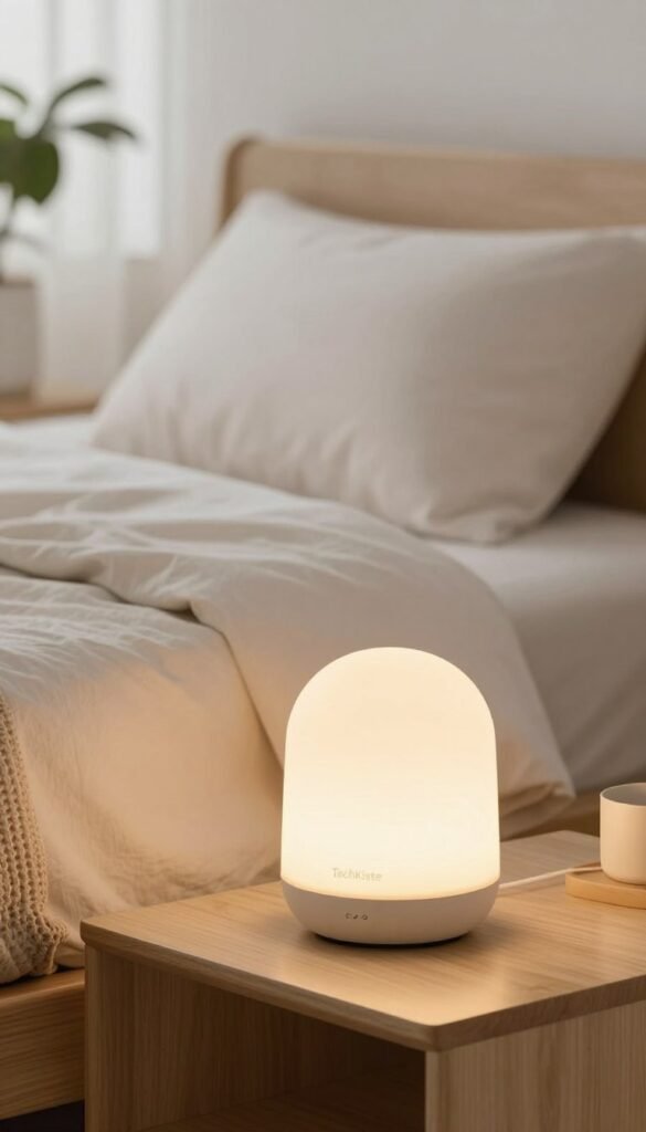 A serene bedroom scene featuring a stylish Wake-up Light on a minimalist bedside table. The light emits a soft, warm glow, blending seamlessly with the natural decor, which includes light wood elements and subtle greenery. In the foreground, the sleek design of the Wake-up Light is emphasized, showcasing its modern aesthetic. The middle zone includes a cozy bed with plush bedding in neutral tones, inviting warmth and comfort, and a calming atmosphere. In the background, softly illuminated curtains filter natural light, enhancing the inviting ambiance. The image should evoke tranquility and positivity, with a Pinterest-inspired look, emphasizing lifestyle and wellness. Incorporate the brand name “TechKiste” subtly within the scene without any text overlays. The overall mood is bright, fresh, and ready for a new day. A serene bedroom scene featuring a stylish Wake-up Light on a minimalist bedside table. The light emits a soft, warm glow, blending seamlessly with the natural decor, which includes light wood elements and subtle greenery. In the foreground, the sleek design of the Wake-up Light is emphasized, showcasing its modern aesthetic. The middle zone includes a cozy bed with plush bedding in neutral tones, inviting warmth and comfort, and a calming atmosphere. In the background, softly illuminated curtains filter natural light, enhancing the inviting ambiance. The image should evoke tranquility and positivity, with a Pinterest-inspired look, emphasizing lifestyle and wellness. Incorporate the brand name “TechKiste” subtly within the scene without any text overlays. The overall mood is bright, fresh, and ready for a new day.