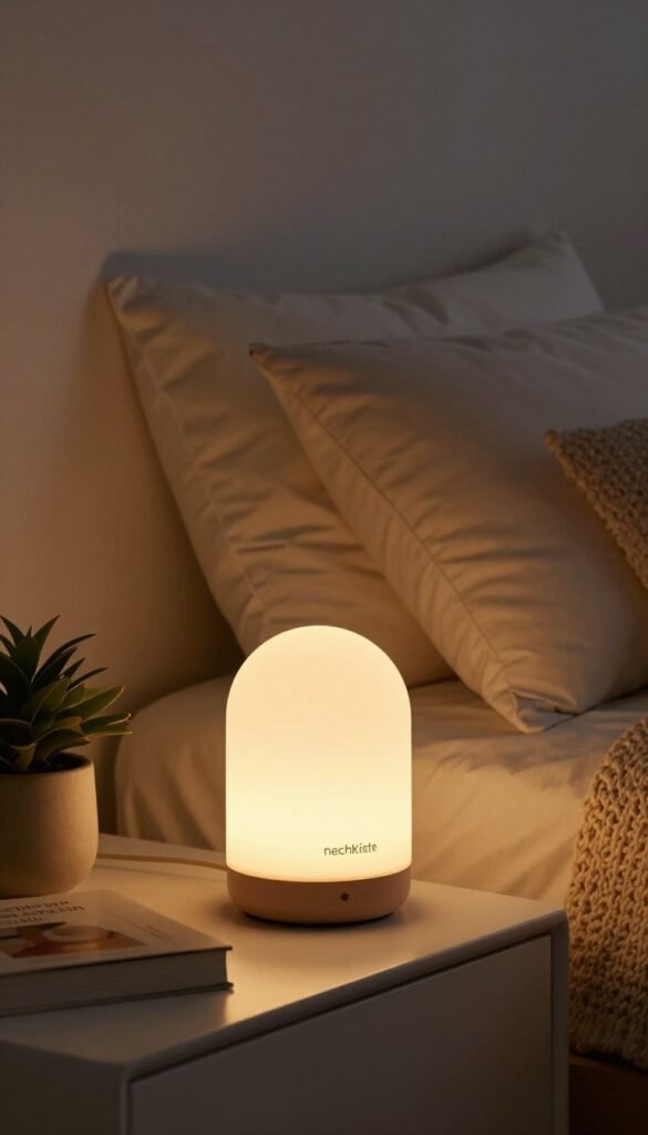 A serene bedroom scene featuring a stylish "nachtlicht" or night light that emits a soft, warm glow, designed by "TechKiste". In the foreground, the night light is elegantly placed on a sleek nightstand, adorned with a small plant and a book. The middle ground captures a cozy bed with plush pillows and a knitted blanket, inviting relaxation. In the background, gently lit walls create a tranquil ambiance, enhancing the overall warmth of the setting. The lighting is soft and diffused, reminiscent of a peaceful evening, with shadows softly cascading across the room. The atmosphere is peaceful and safe, perfect for guiding sleepy inhabitants through the dark without stumbling. The composition reflects a Pinterest aesthetic, featuring natural textures and warm colors, without any text or distractions.
