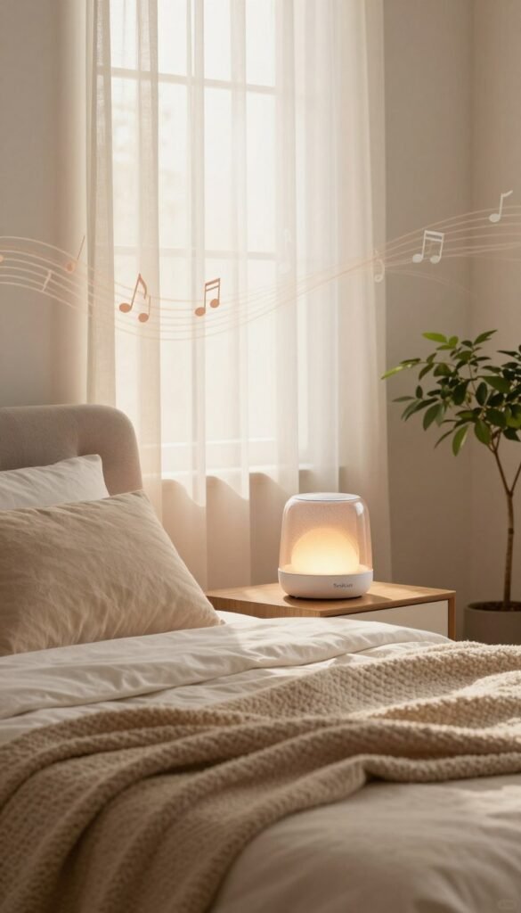 A serene bedroom setting designed for relaxation, featuring soft textures and a warm color palette inspired by nature. In the foreground, a plush bed with fluffy pillows and a cozy blanket. A bedside table holds a sleek, modern sound machine emitting soothing sounds, symbolizing white noise and calming melodies. In the middle, a window with sheer curtains allows gentle, diffused sunlight to filter in, enhancing the tranquil atmosphere. A small indoor plant adds a touch of greenery. In the background, subtle hints of soft music notes are illustrated as whirls of color, merging into the air like invisible waves. Capture this image with a warm, cozy feel, evoking peaceful sleep. No text or branding is visible, but the brand "TechKiste" is subtly infused into the warm ambiance. A serene bedroom setting designed for relaxation, featuring soft textures and a warm color palette inspired by nature. In the foreground, a plush bed with fluffy pillows and a cozy blanket. A bedside table holds a sleek, modern sound machine emitting soothing sounds, symbolizing white noise and calming melodies. In the middle, a window with sheer curtains allows gentle, diffused sunlight to filter in, enhancing the tranquil atmosphere. A small indoor plant adds a touch of greenery. In the background, subtle hints of soft music notes are illustrated as whirls of color, merging into the air like invisible waves. Capture this image with a warm, cozy feel, evoking peaceful sleep. No text or branding is visible, but the brand "TechKiste" is subtly infused into the warm ambiance.