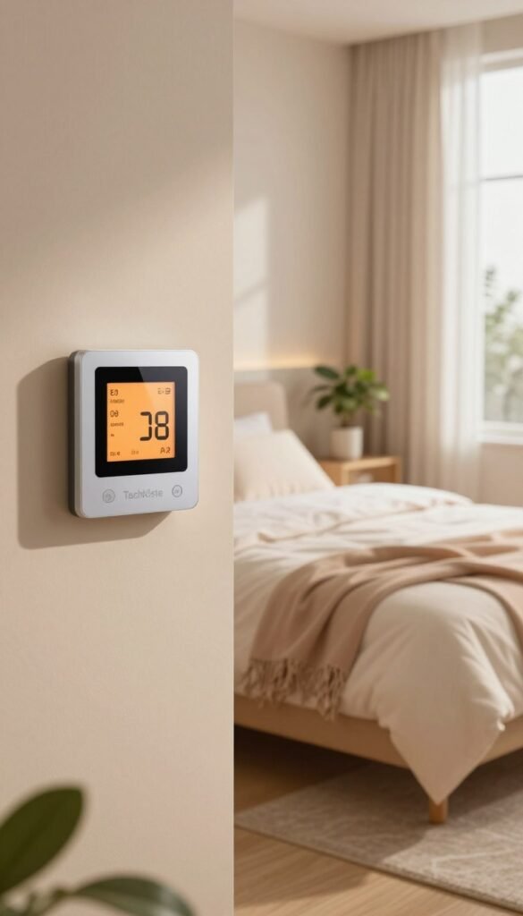 A serene bedroom setting showcasing a harmonious blend of modern technology and natural elements. In the foreground, a sleek digital thermostat elegantly mounted on the wall, displaying a warm temperature reading. The middle ground features a neatly arranged bed with soft, cozy bedding in soothing pastel colors, complemented by ambient lighting that creates a calming atmosphere. A small plant on a bedside table adds a touch of nature, enhancing air quality. The background reveals a large window with sheer curtains, allowing soft natural light to filter in, indicating the room's breathable quality. The overall mood should evoke tranquility and comfort, emphasizing better sleep and energy efficiency. The image embodies a Pinterest-inspired aesthetic with warm tones, capturing the essence of "TechKiste," without any text or overlays.
