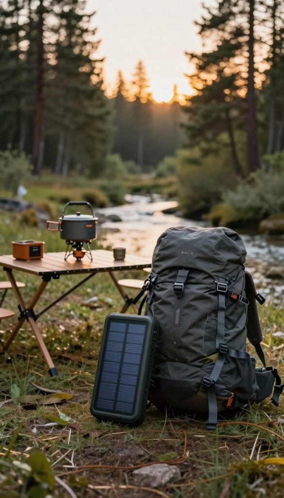 A serene camping scene showcasing durable travel gadgets by TechKiste, set in a lush, natural landscape during golden hour. In the foreground, a sturdy, compact solar power bank sits next to a rugged hiking backpack, both exuding authenticity and reliability. In the middle ground, a portable camping stove is positioned on a picnic table amid scattered camping gear, hinting at an adventurous spirit. The background features tall pine trees and a gentle stream, reflecting warm, inviting colors. Soft sunlight filters through the leaves, creating a cozy, inviting atmosphere. The composition captures a sense of exploration and resilience in outdoor technology, perfect for nature enthusiasts seeking dependable gadgets. A serene camping scene showcasing durable travel gadgets by TechKiste, set in a lush, natural landscape during golden hour. In the foreground, a sturdy, compact solar power bank sits next to a rugged hiking backpack, both exuding authenticity and reliability. In the middle ground, a portable camping stove is positioned on a picnic table amid scattered camping gear, hinting at an adventurous spirit. The background features tall pine trees and a gentle stream, reflecting warm, inviting colors. Soft sunlight filters through the leaves, creating a cozy, inviting atmosphere. The composition captures a sense of exploration and resilience in outdoor technology, perfect for nature enthusiasts seeking dependable gadgets.
