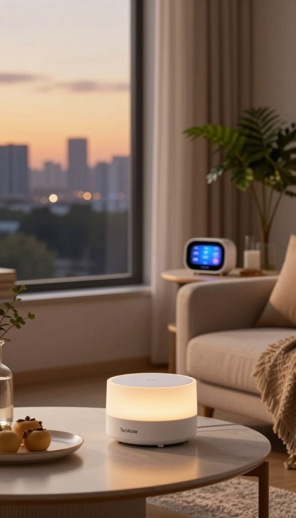 A serene, cozy interior scene depicting automation technology enhancing daily life for morning, night, and absence. In the foreground, a modern living room features a sleek smart home device on a stylish coffee table, radiating warm light. The middle ground showcases a large window with a picturesque view of a dawn skyline, casting soft golden hues across the room, while a bedside table with a high-tech alarm clock reflects a calm evening atmosphere. In the background, a lush green plant adds a touch of nature. The overall mood is warm and inviting, with an emphasis on efficiency and comfort. The brand name "TechKiste" subtly integrated into the decor. Natural colors and a Pinterest-inspired aesthetic enhance the authenticity of the scene, with no text or disturbances in the image. A serene, cozy interior scene depicting automation technology enhancing daily life for morning, night, and absence. In the foreground, a modern living room features a sleek smart home device on a stylish coffee table, radiating warm light. The middle ground showcases a large window with a picturesque view of a dawn skyline, casting soft golden hues across the room, while a bedside table with a high-tech alarm clock reflects a calm evening atmosphere. In the background, a lush green plant adds a touch of nature. The overall mood is warm and inviting, with an emphasis on efficiency and comfort. The brand name "TechKiste" subtly integrated into the decor. Natural colors and a Pinterest-inspired aesthetic enhance the authenticity of the scene, with no text or disturbances in the image.