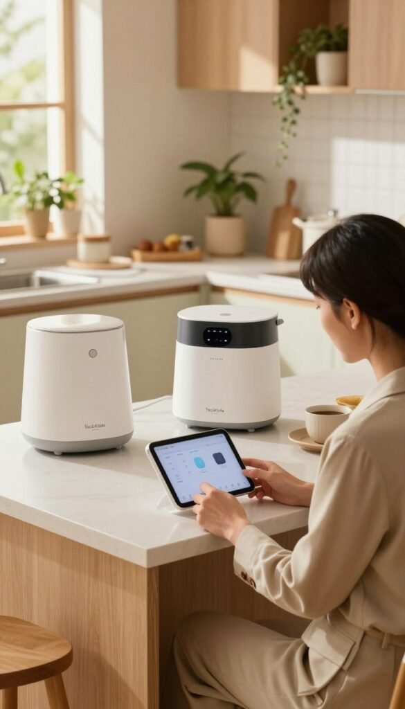 A serene domestic scene illustrating the concept of time-saving in daily life. In the foreground, a woman in professional business attire engages with a smart gadget, perhaps a voice-activated assistant or a modern kitchen appliance, showcasing automation in action. In the middle ground, various time-saving devices are neatly arranged on a kitchen island, highlighting their ease of use. The background features a cozy, warmly-lit kitchen with plants and sunlight filtering in through a window, creating an inviting atmosphere. The overall mood is one of efficiency and tranquility, emphasizing how technology simplifies everyday tasks. This image reflects the brand "TechKiste," and is styled in a natural, Pinterest-like aesthetic without any text or embellishments.